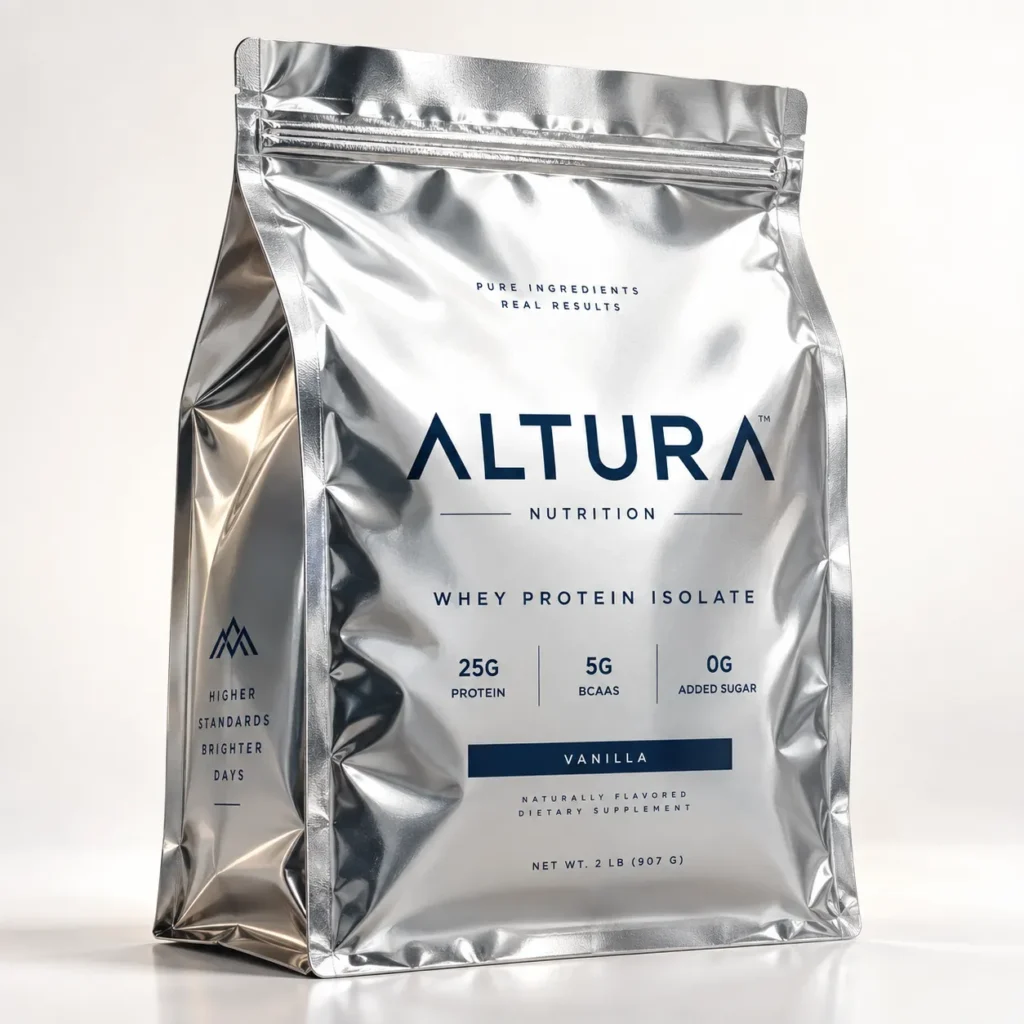 Silver mylar bag of Altura Nutrition Vanilla Whey Protein Isolate, 25g protein, 2lb, clean minimalist supplement packaging design