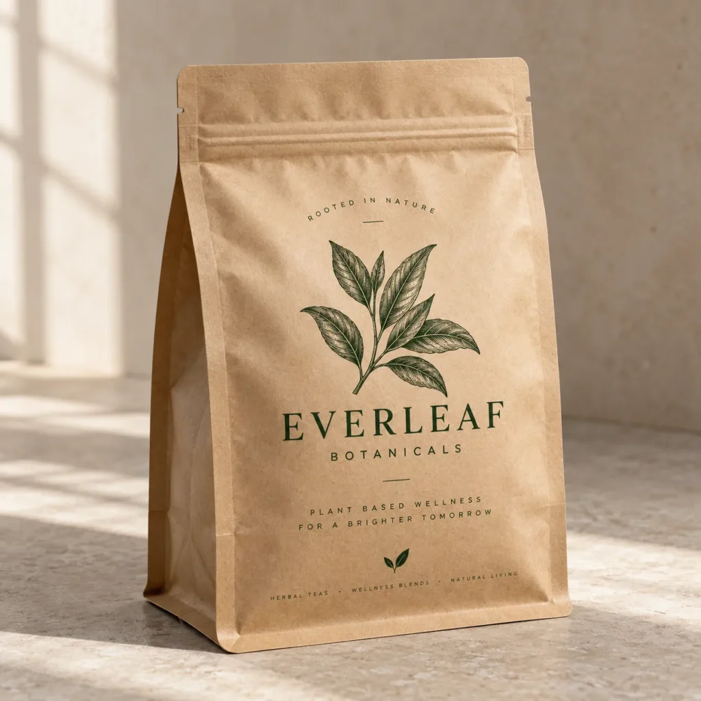 Kraft paper resealable pouch with green botanical leaf illustration for Everleaf Botanicals herbal tea natural wellness packaging design