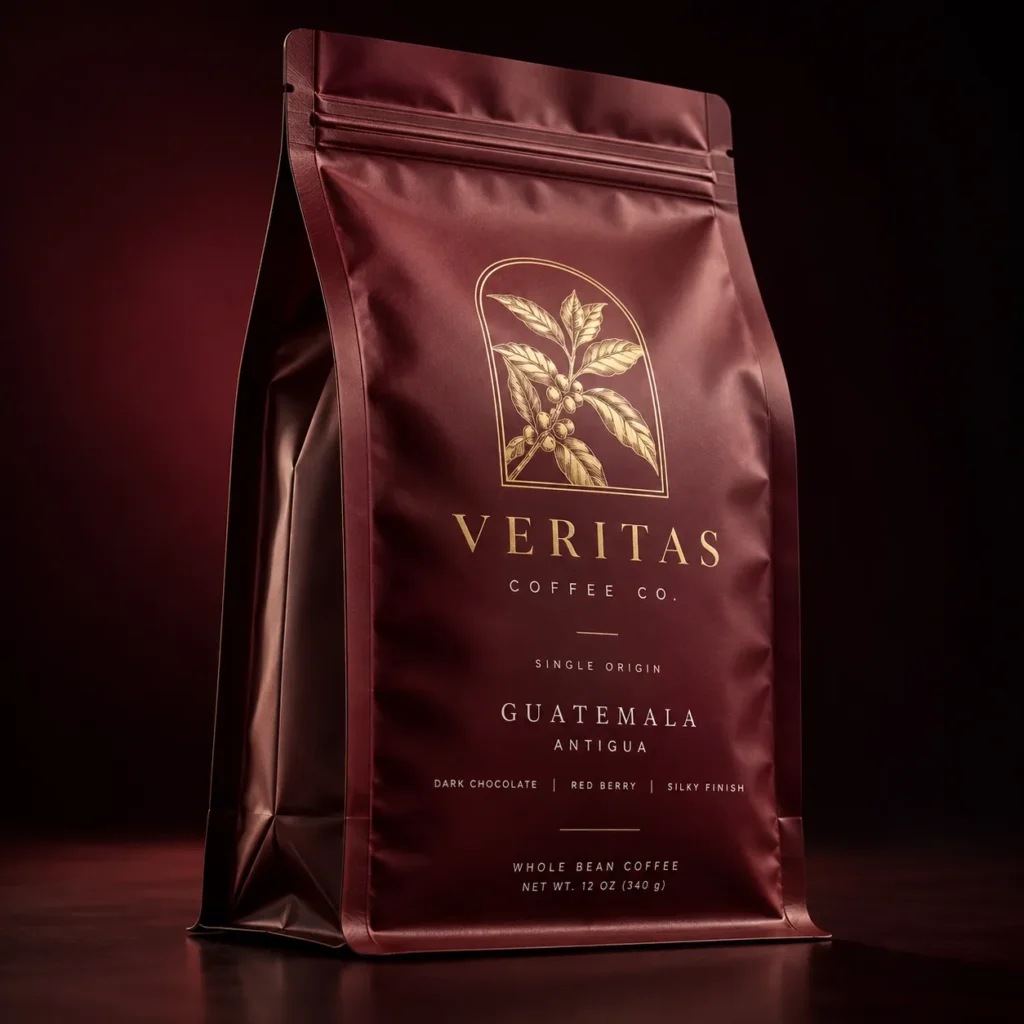 Dark burgundy coffee bag packaging design with gold foil branding for Veritas Coffee Co. Guatemala Antigua single origin whole bean