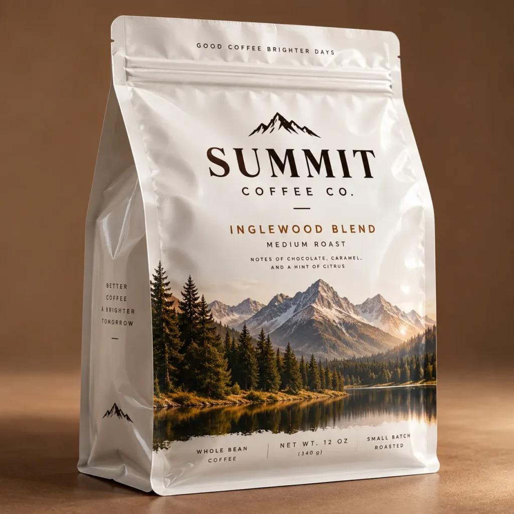 White Summit Coffee Co. Inglewood Blend medium roast 12oz whole bean coffee bag with mountain lake scenic packaging design