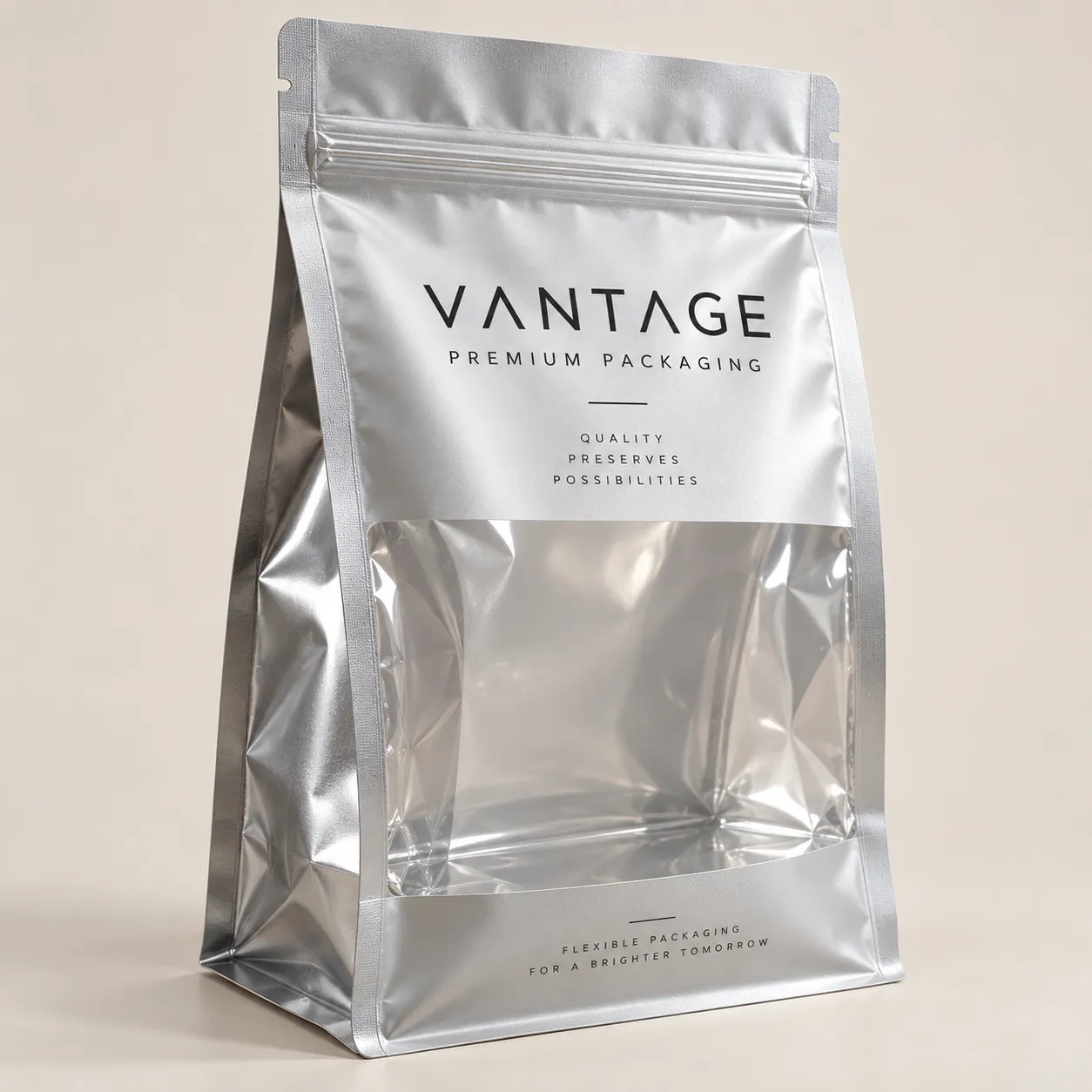 Silver mylar stand-up pouch with zipper seal and clear window, Vantage Premium Packaging branding, minimalist design