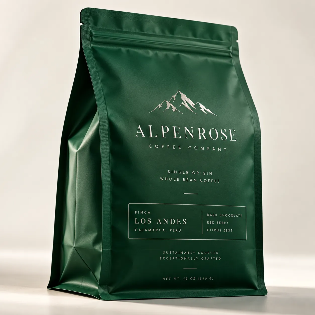 Dark green matte coffee bag packaging for Alpenrose Coffee Company, single origin whole bean, Los Andes Peru, premium design