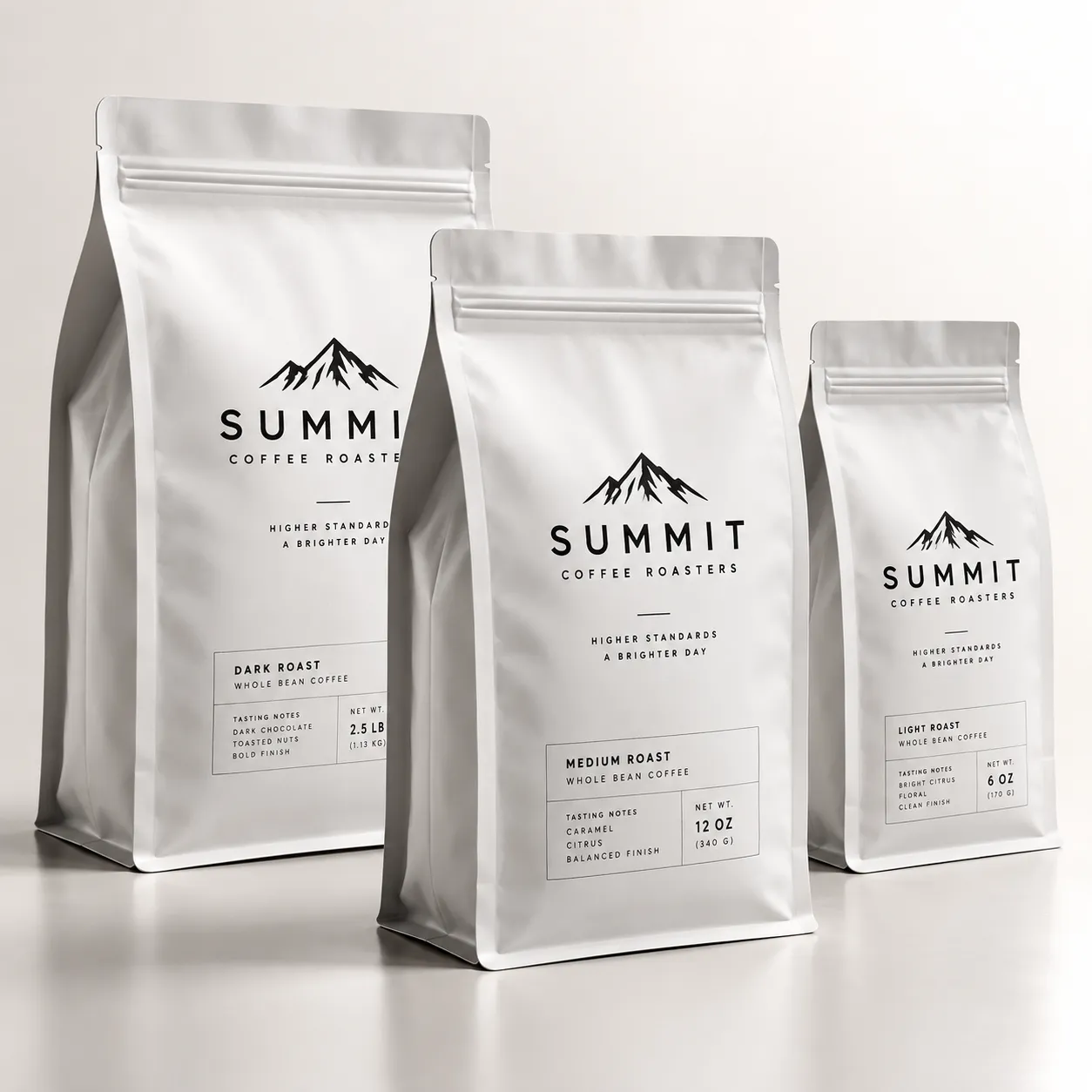 Three white matte coffee bags from Summit Coffee Roasters in dark, medium, and light roast sizes on clean white background