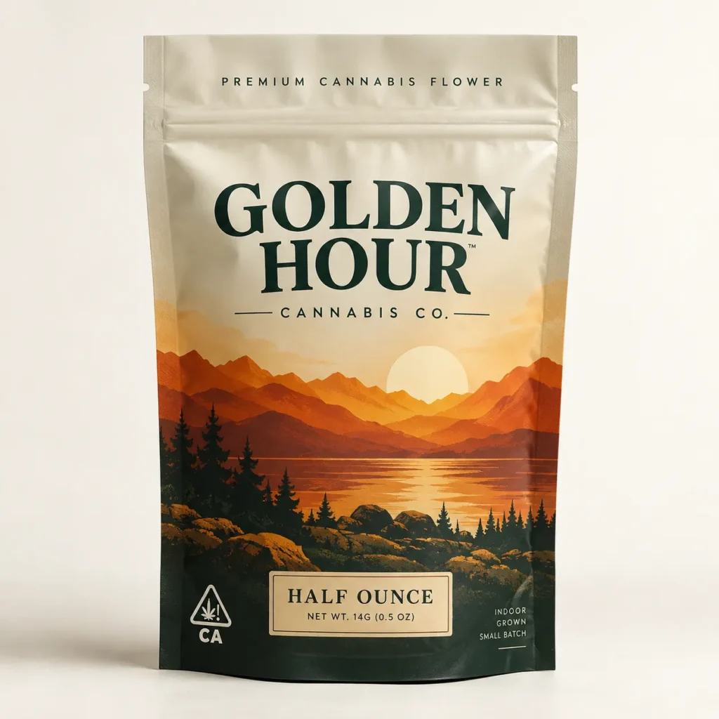 Golden Hour Cannabis Co premium flower half ounce mylar bag with sunset mountain landscape in warm amber and forest green tones