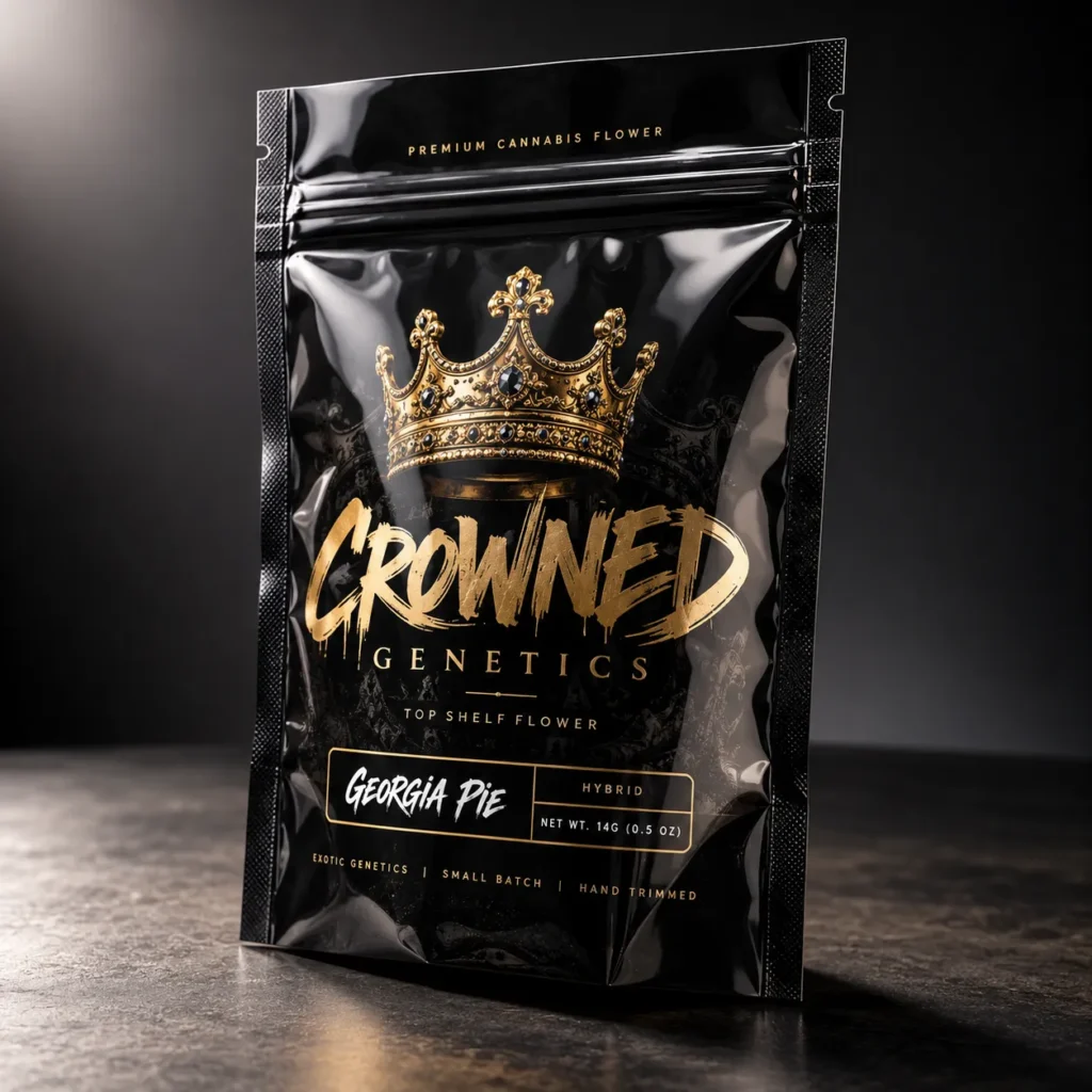 Crowned Genetics premium cannabis flower packaging, black glossy mylar bag, gold crown logo, Georgia Pie hybrid strain, 14g