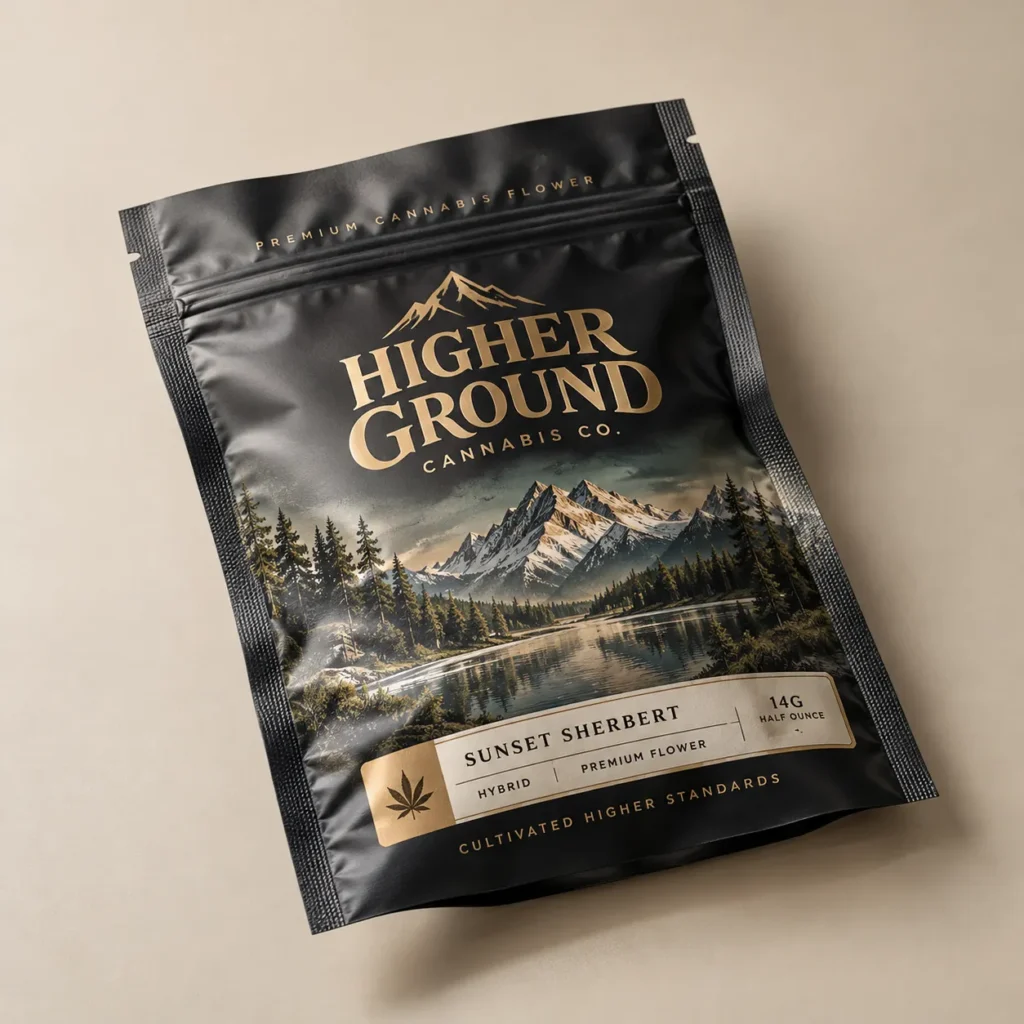 Black mylar cannabis packaging bag for Higher Ground Cannabis Co. Sunset Sherbert hybrid flower, 14g, gold mountain logo design