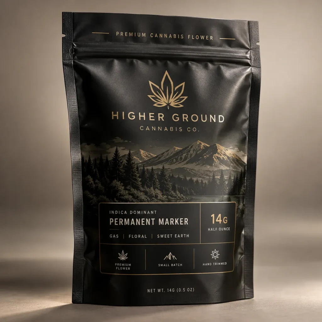 Black matte cannabis flower packaging bag for Higher Ground Cannabis Co. Permanent Marker indica strain, 14g half ounce, gold foil branding