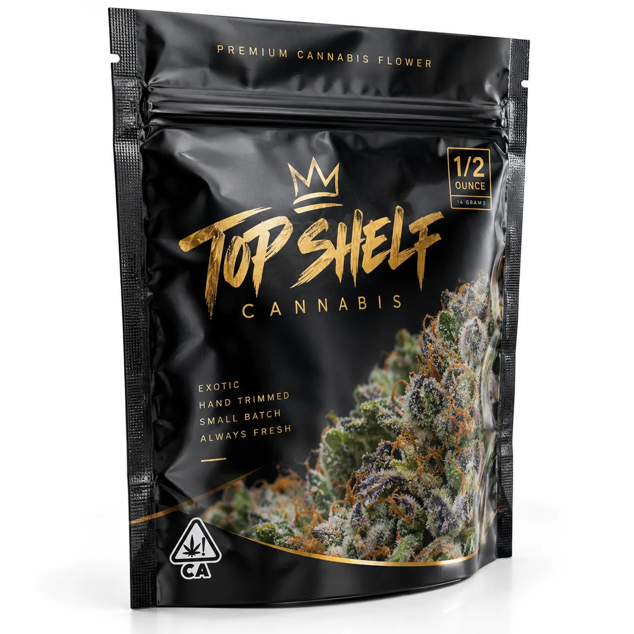Black glossy cannabis mylar bag with gold Top Shelf Cannabis branding, 1/2 oz premium flower packaging, California compliant