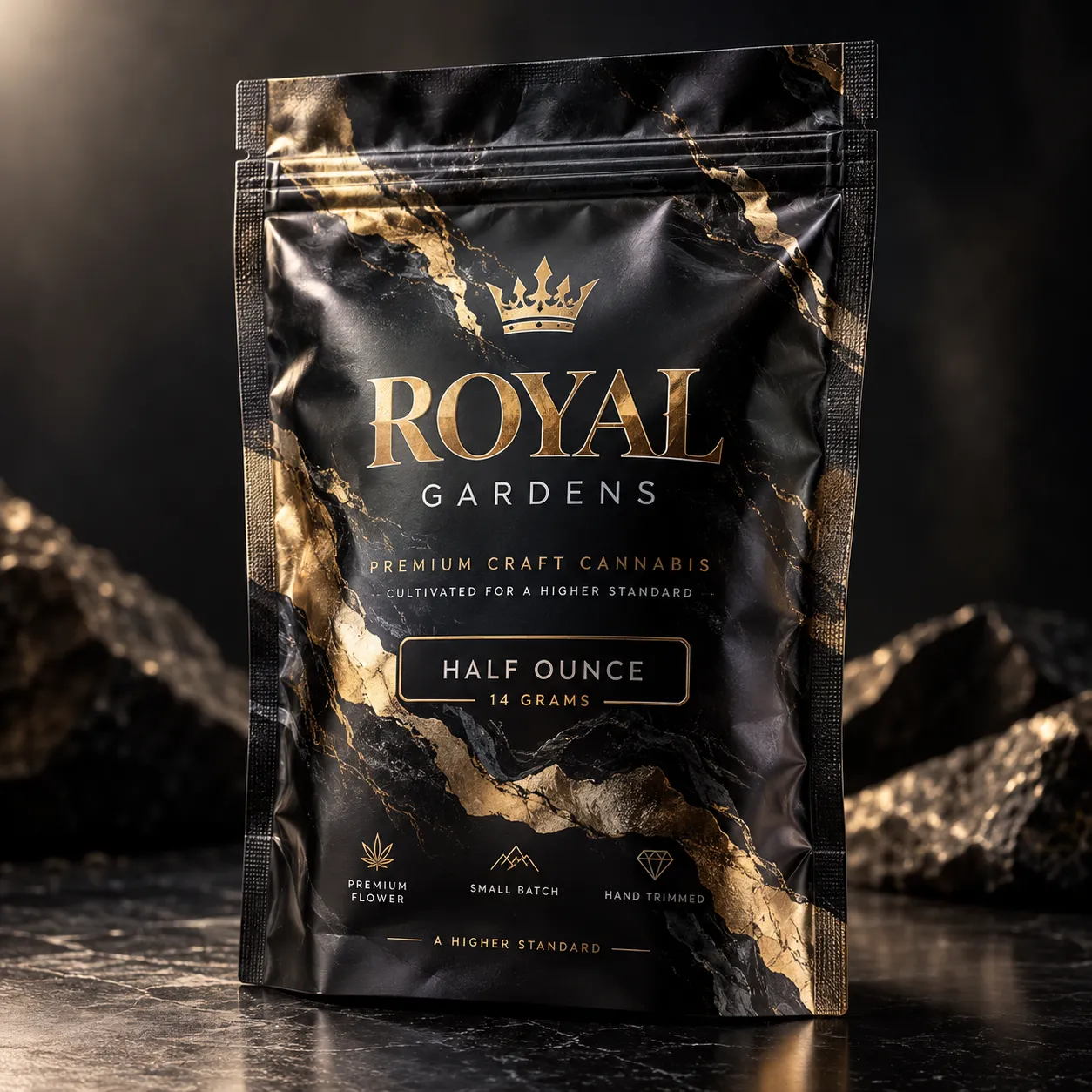 Luxury black and gold marble cannabis packaging bag for Royal Gardens Premium Craft Cannabis half ounce 14 grams design