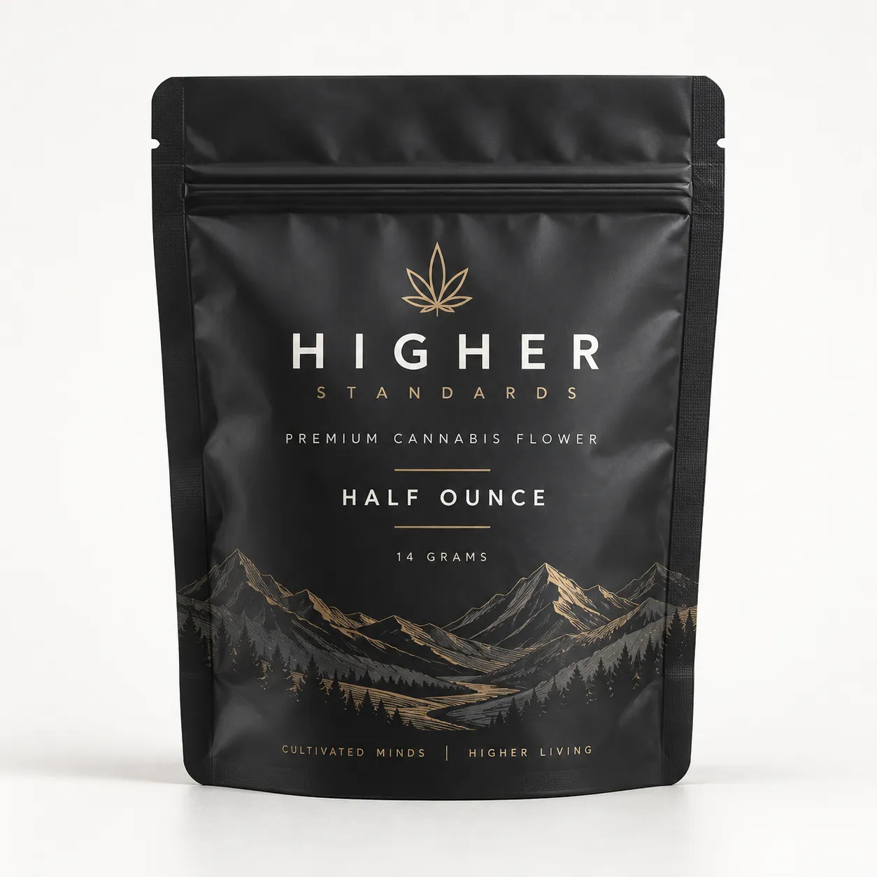 Black matte cannabis flower packaging bag, Higher Standards brand, half ounce 14g, gold mountain illustration, premium dispensary pouch design