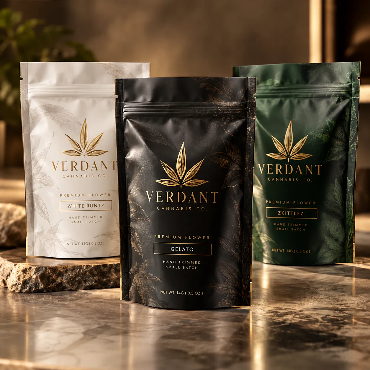 Three premium cannabis mylar bags by Verdant Cannabis Co. in white, black, and green displaying Gelato, White Runtz, and Zkittlez strains