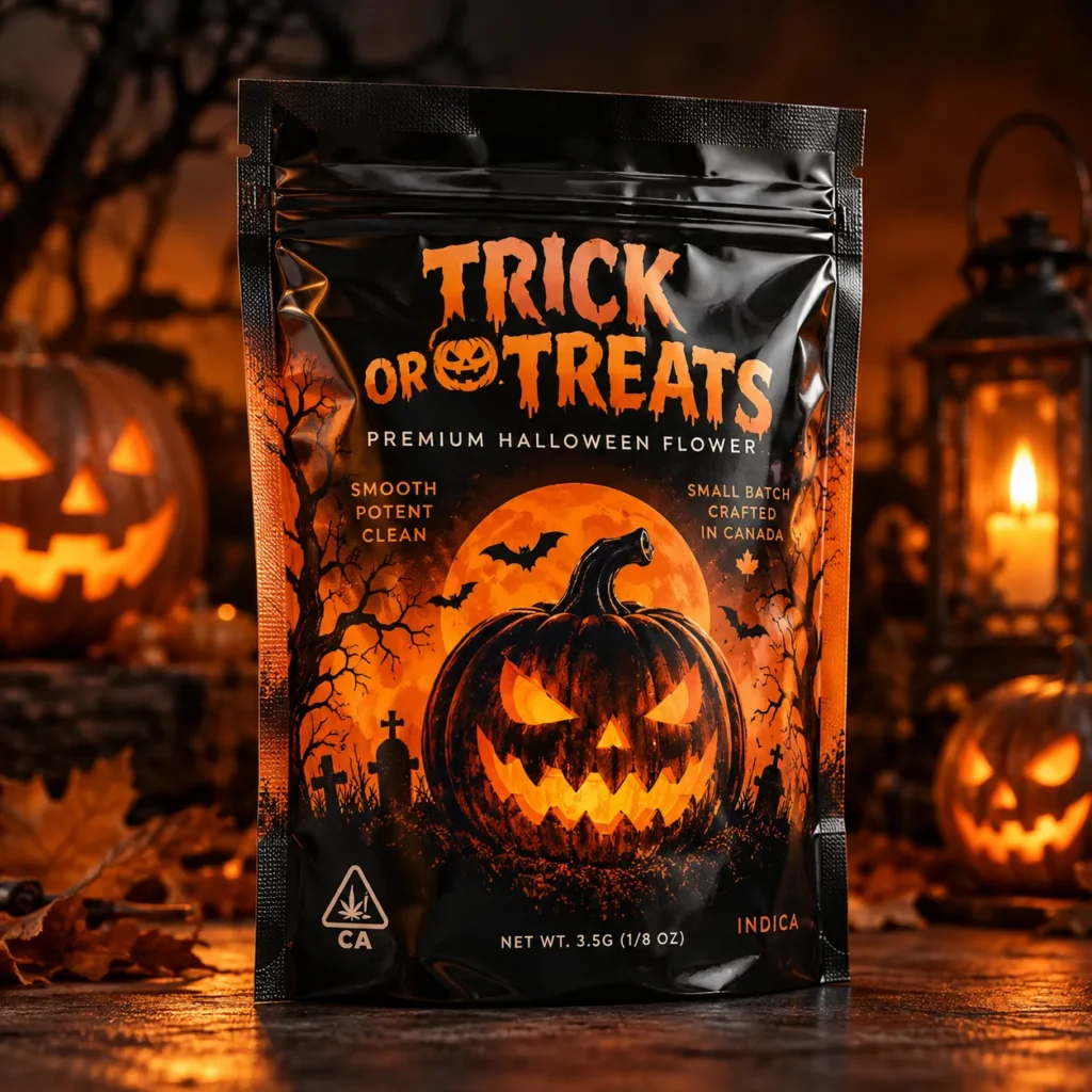Black cannabis mylar bag Halloween theme Trick or Treats indica flower 3.5g glowing jack-o-lantern orange packaging design Canada