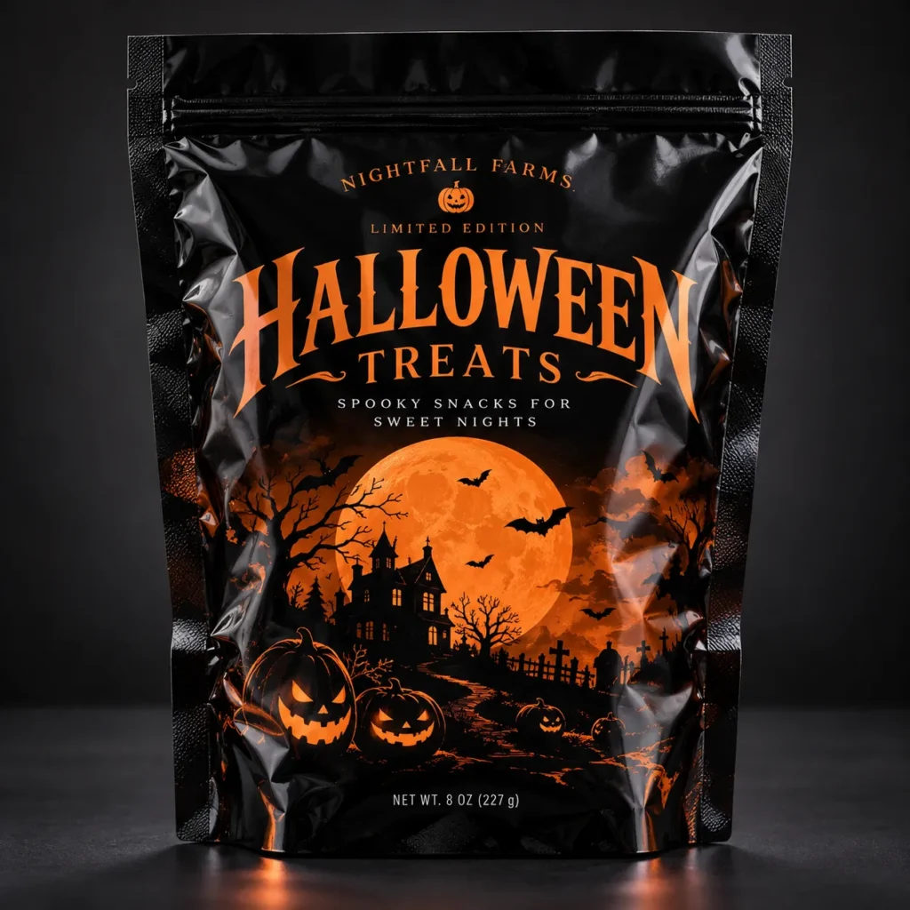 Black glossy Halloween treat bag by Nightfall Farms featuring orange jack-o-lanterns, haunted house, full moon, and bats, 8oz limited edition packa...