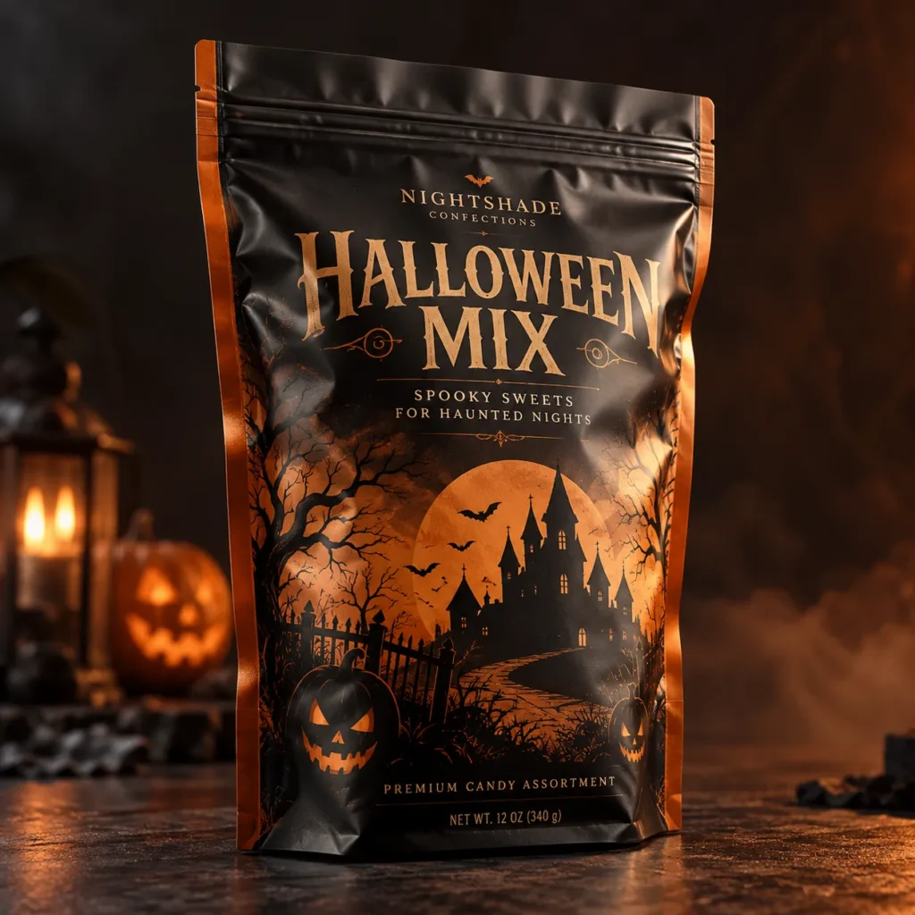 Black Halloween candy bag with orange haunted house, bats, jack-o-lanterns, full moon; Nightshade Confections 12oz premium packaging design