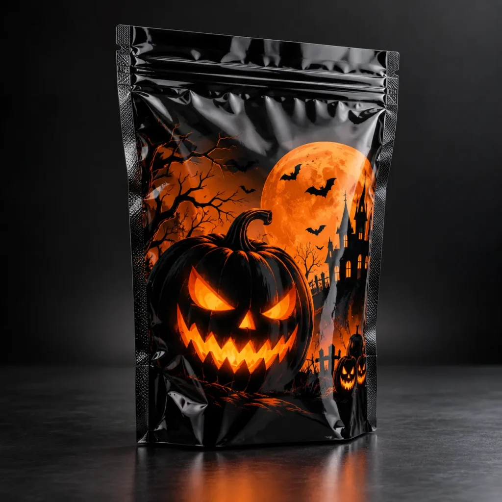 Black Halloween mylar bag with glowing jack-o-lantern, orange moon, bats, and haunted house print — custom spooky packaging