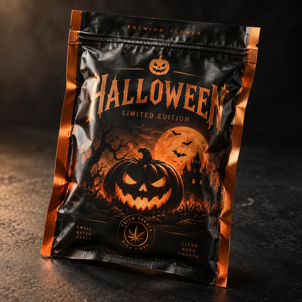 Halloween limited edition cannabis flower mylar bag, black orange foil packaging, jack-o-lantern spooky design, premium craft dispensary pouch