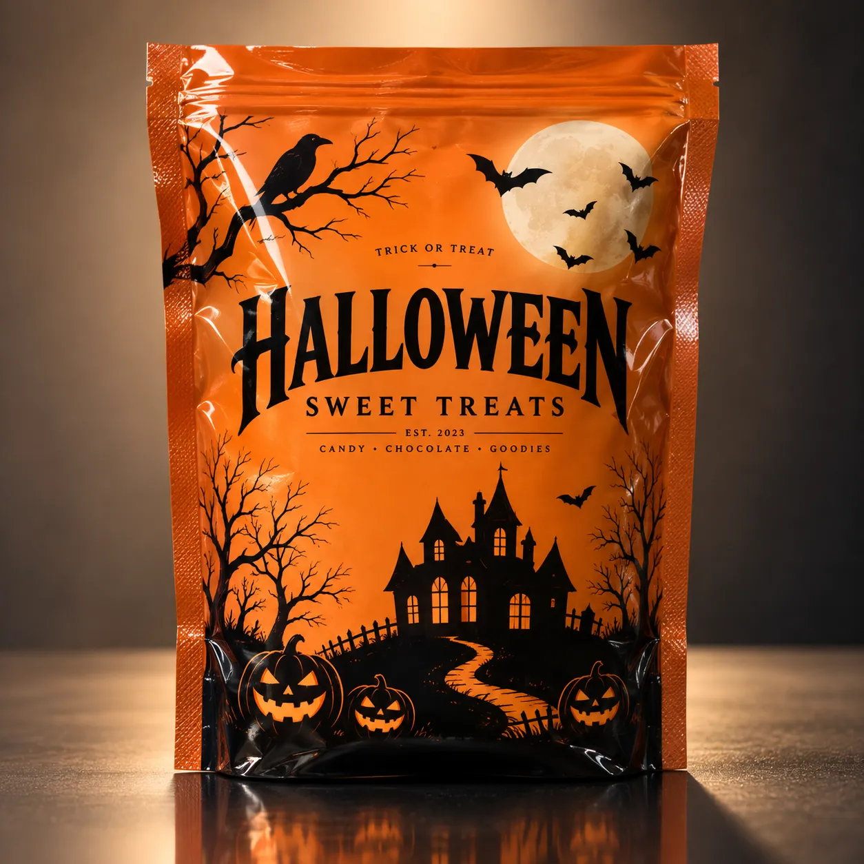 Orange Halloween candy packaging bag featuring spooky haunted house, jack-o-lanterns, bats, crow, and full moon with bold black typography