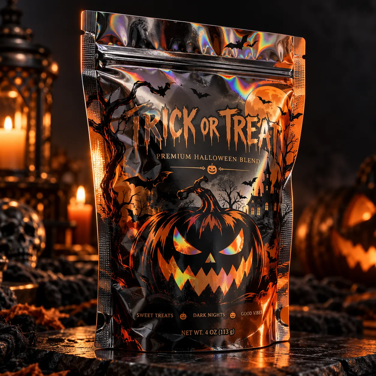 Halloween candy packaging bag with holographic orange-black jack-o-lantern design, Trick or Treat Premium Blend, 4oz resealable pouch