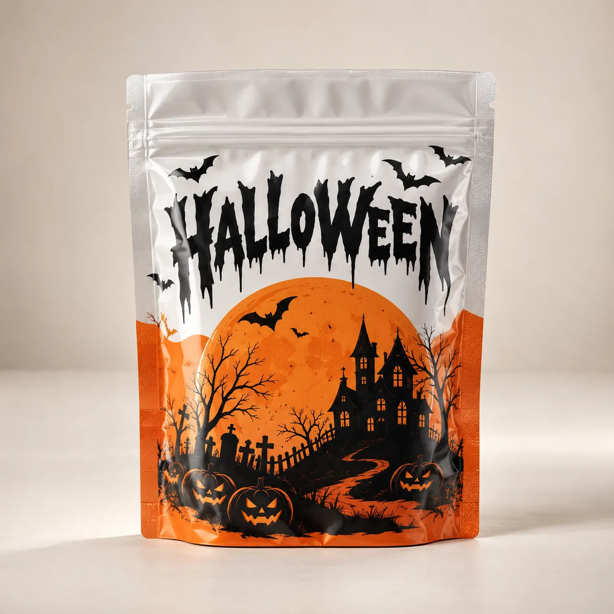 Halloween resealable mylar bag with spooky orange moon, haunted house, jack-o-lanterns, bats, and dripping black text by The Packaging Masters