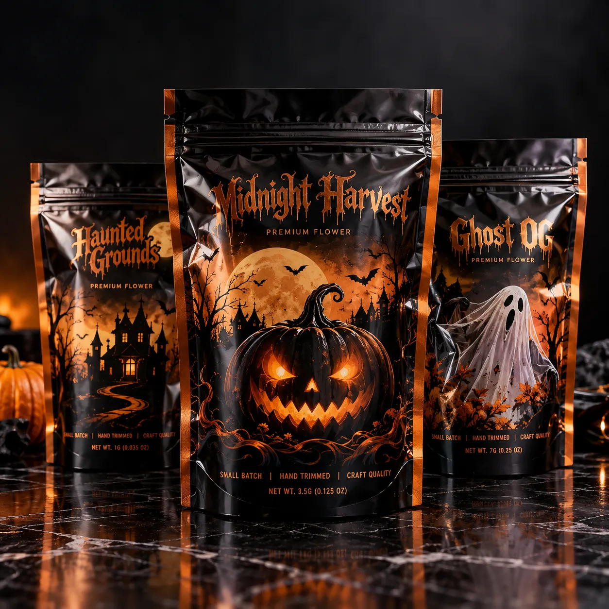 Three Halloween cannabis flower pouches: Midnight Harvest, Haunted Grounds, Ghost OG — black gold mylar bags, spooky packaging design