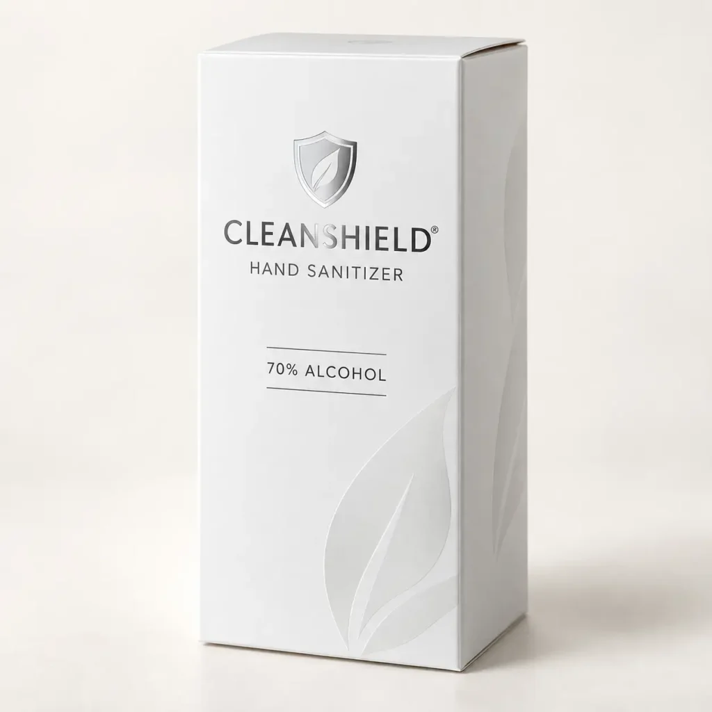 White CleanShield hand sanitizer box with 70% alcohol, silver logo, leaf design, premium minimalist packaging on cream background