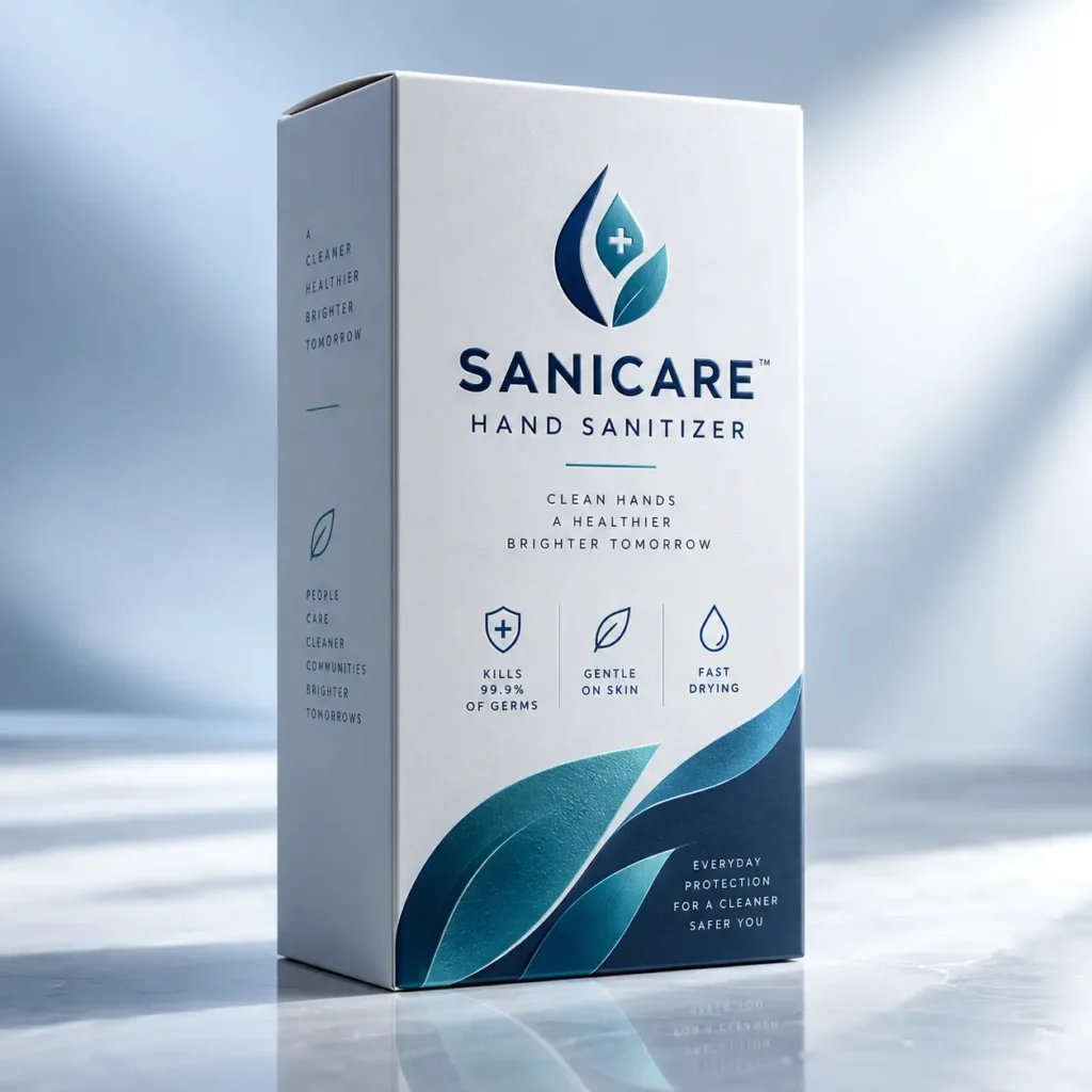 Sanicare hand sanitizer white product packaging box with teal wave design, kills 99.9% germs, clean modern branding photography