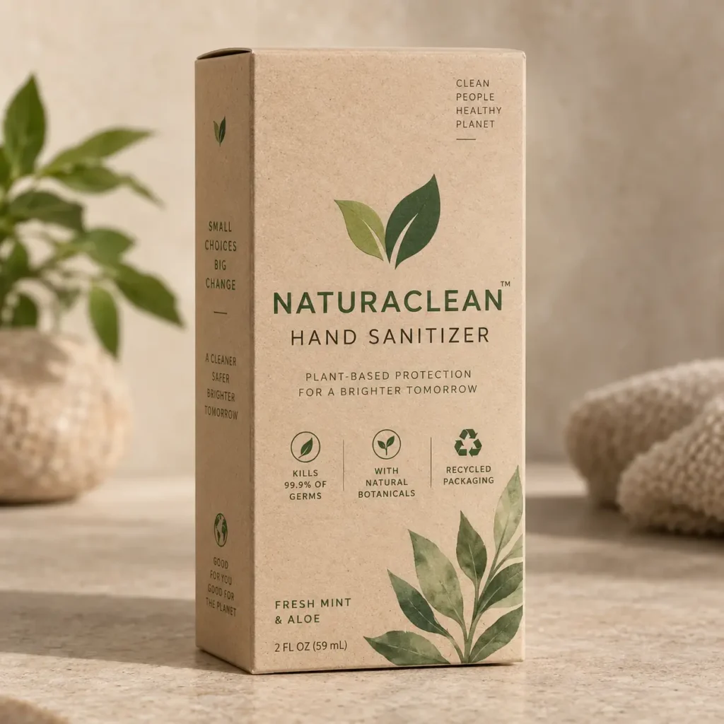 NaturaClean hand sanitizer kraft box packaging, fresh mint aloe, eco-friendly recycled design, green botanical leaves, neutral tones