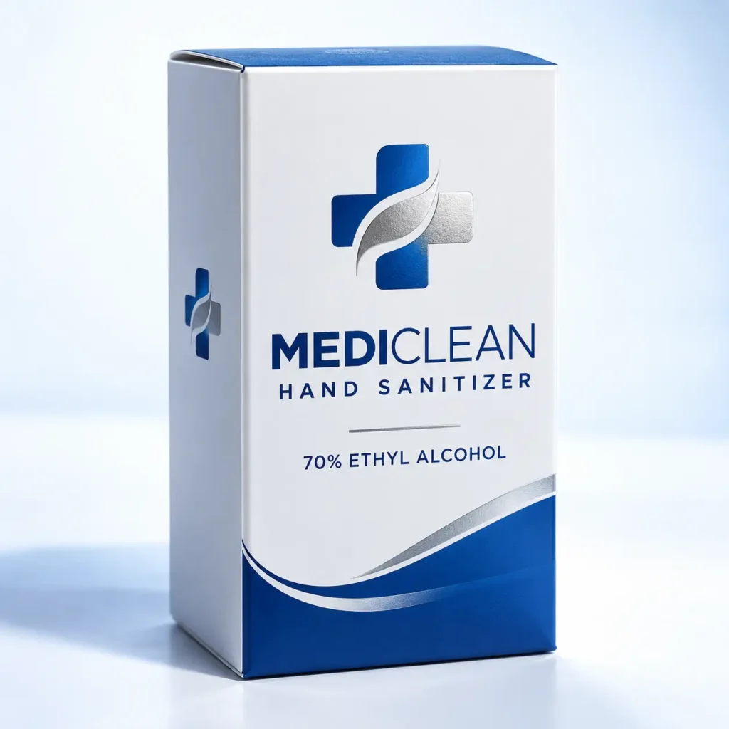 MediClean hand sanitizer box packaging, white and navy blue, 70% ethyl alcohol, medical cross logo, professional product design