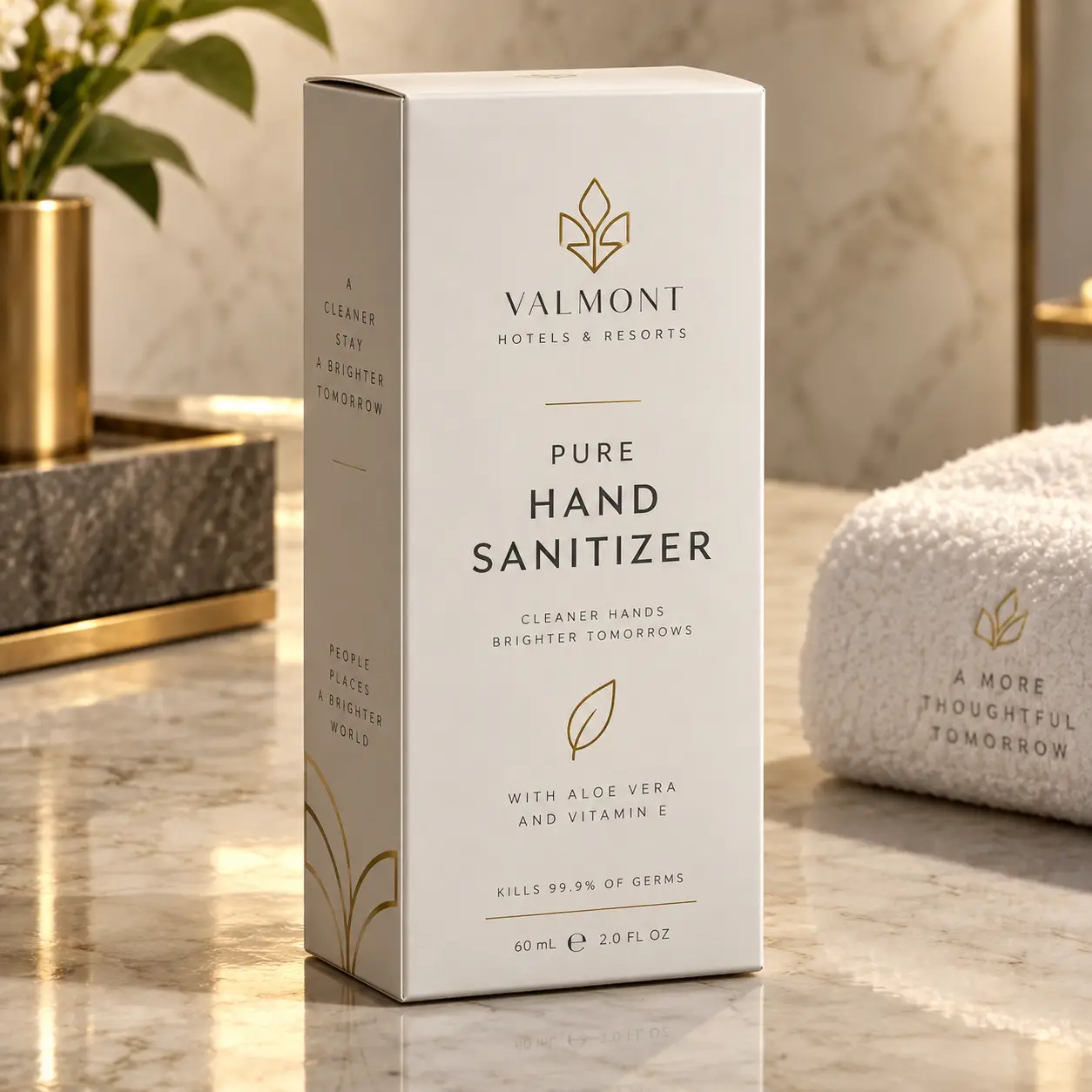 Valmont Hotels luxury white gold hand sanitizer box packaging 60ml aloe vera vitamin E marble bathroom display