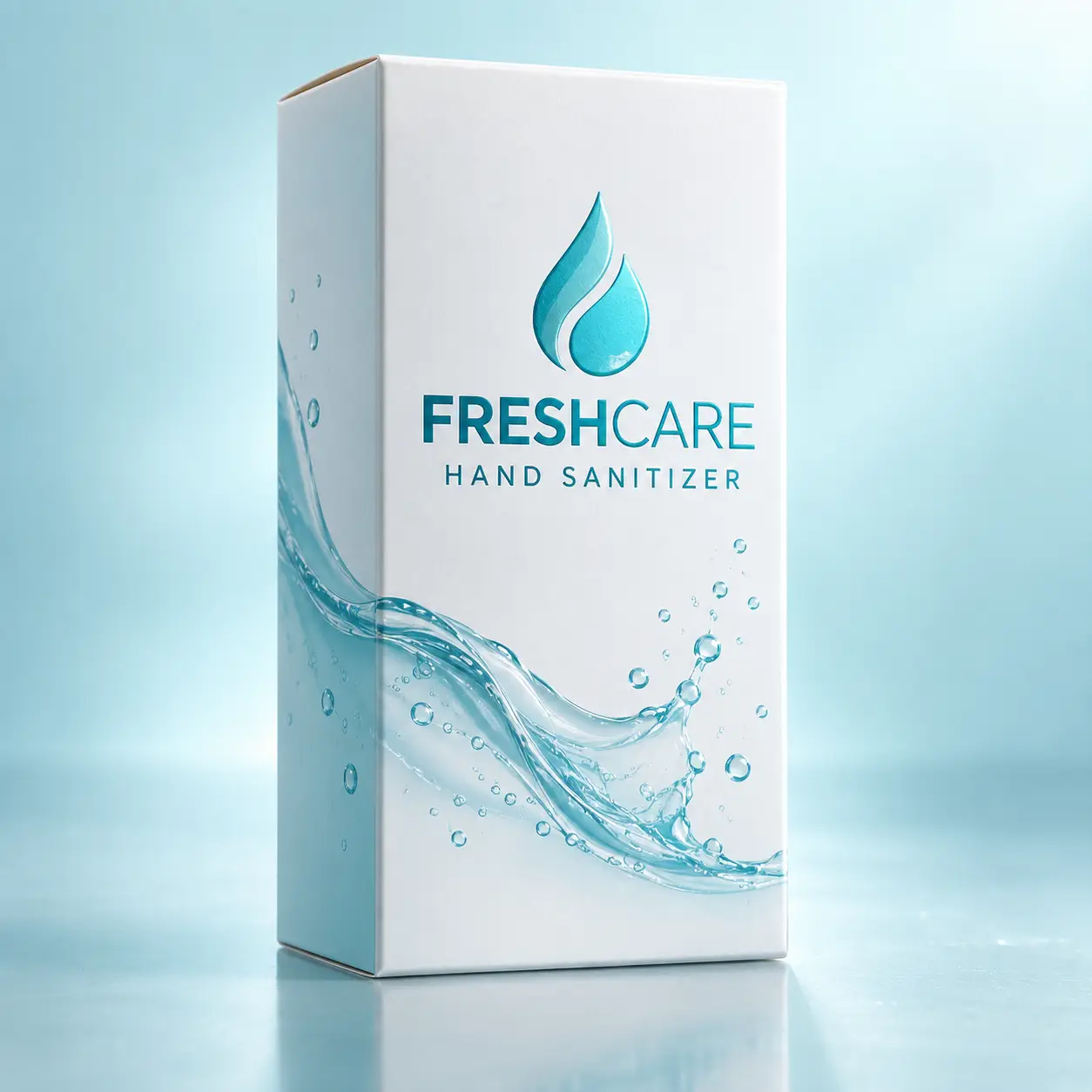 White FreshCare hand sanitizer box packaging with teal water splash design and droplet logo on light blue background