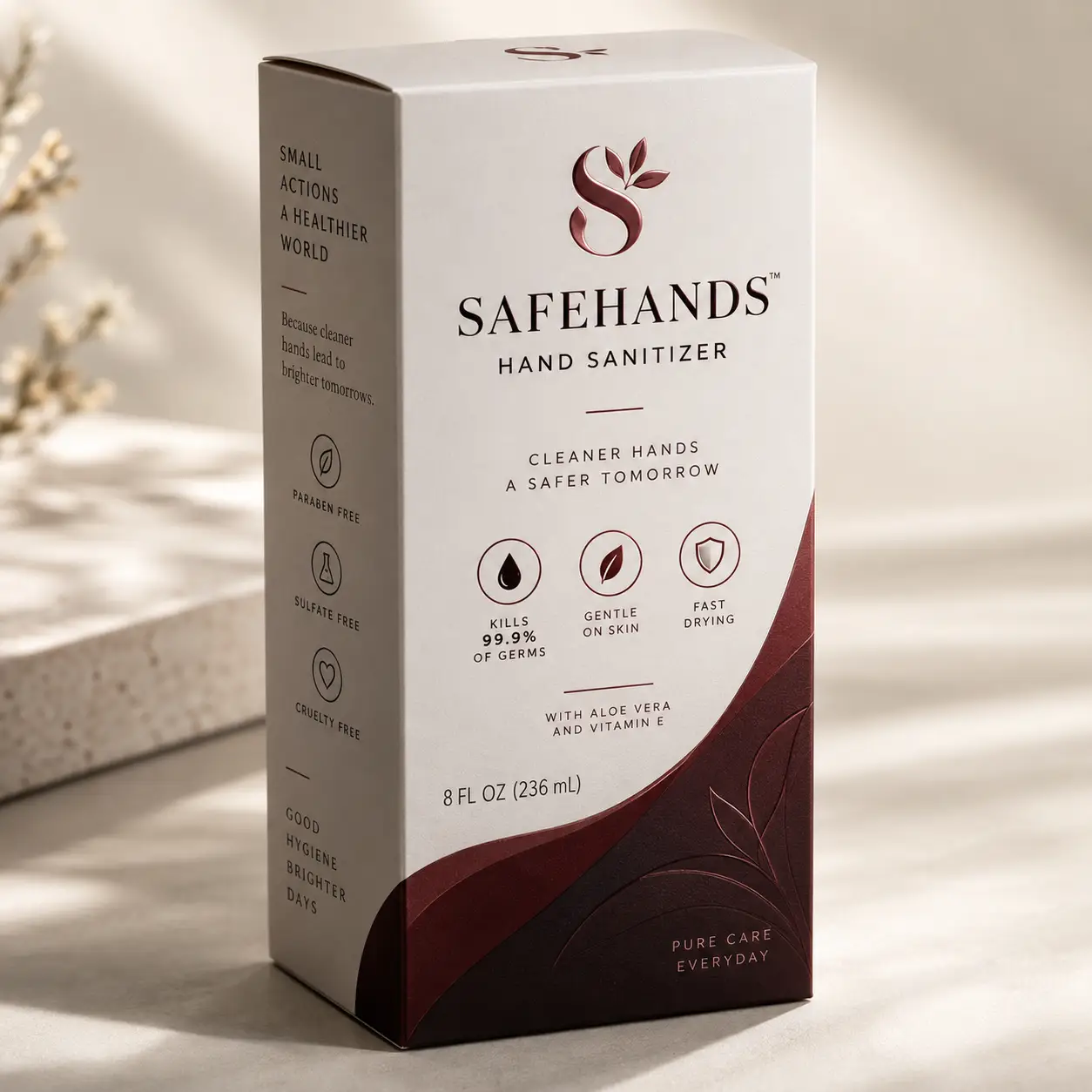 Safehands hand sanitizer box packaging, white and burgundy, paraben-free, kills 99.9% germs, 8oz, elegant product design