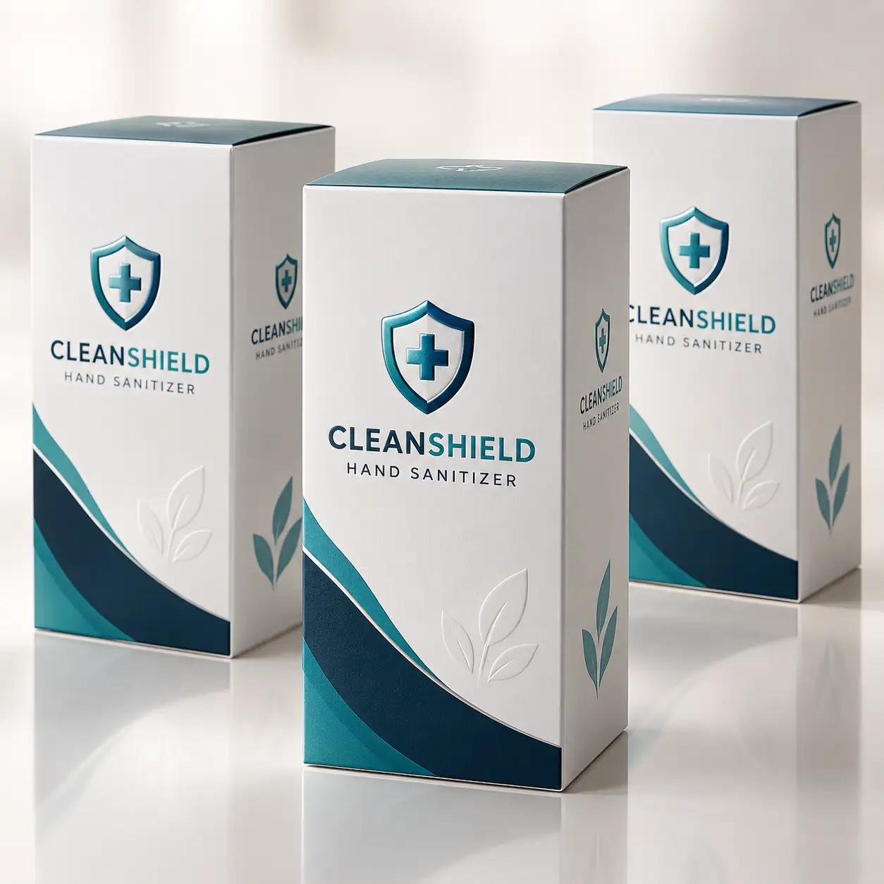 Three white CleanShield hand sanitizer boxes with teal shield logo and leaf embossed design on reflective surface