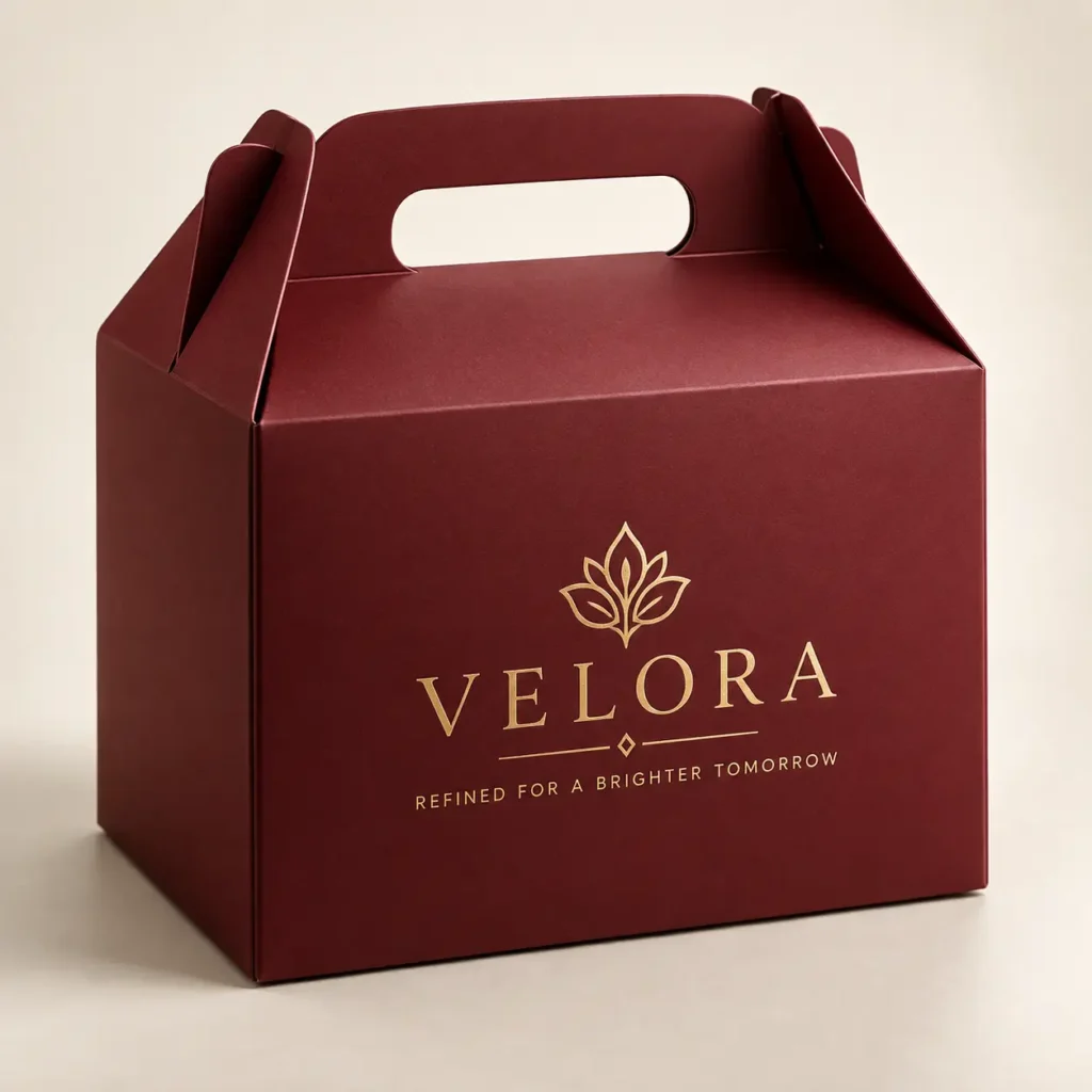 Velora luxury gable box packaging in deep burgundy with gold foil logo and floral emblem, elegant gift box design