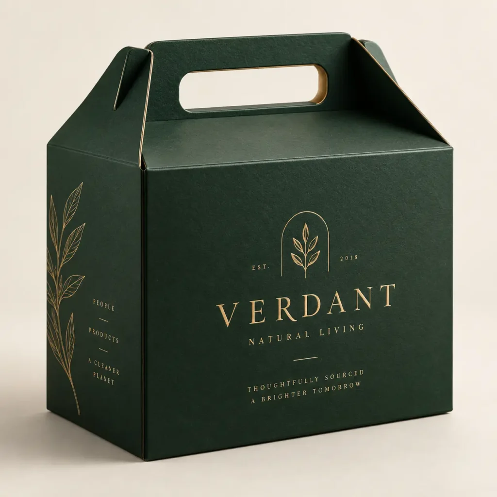 Dark green gable gift box with gold foil Verdant Natural Living logo, botanical leaf design, luxury eco-friendly packaging