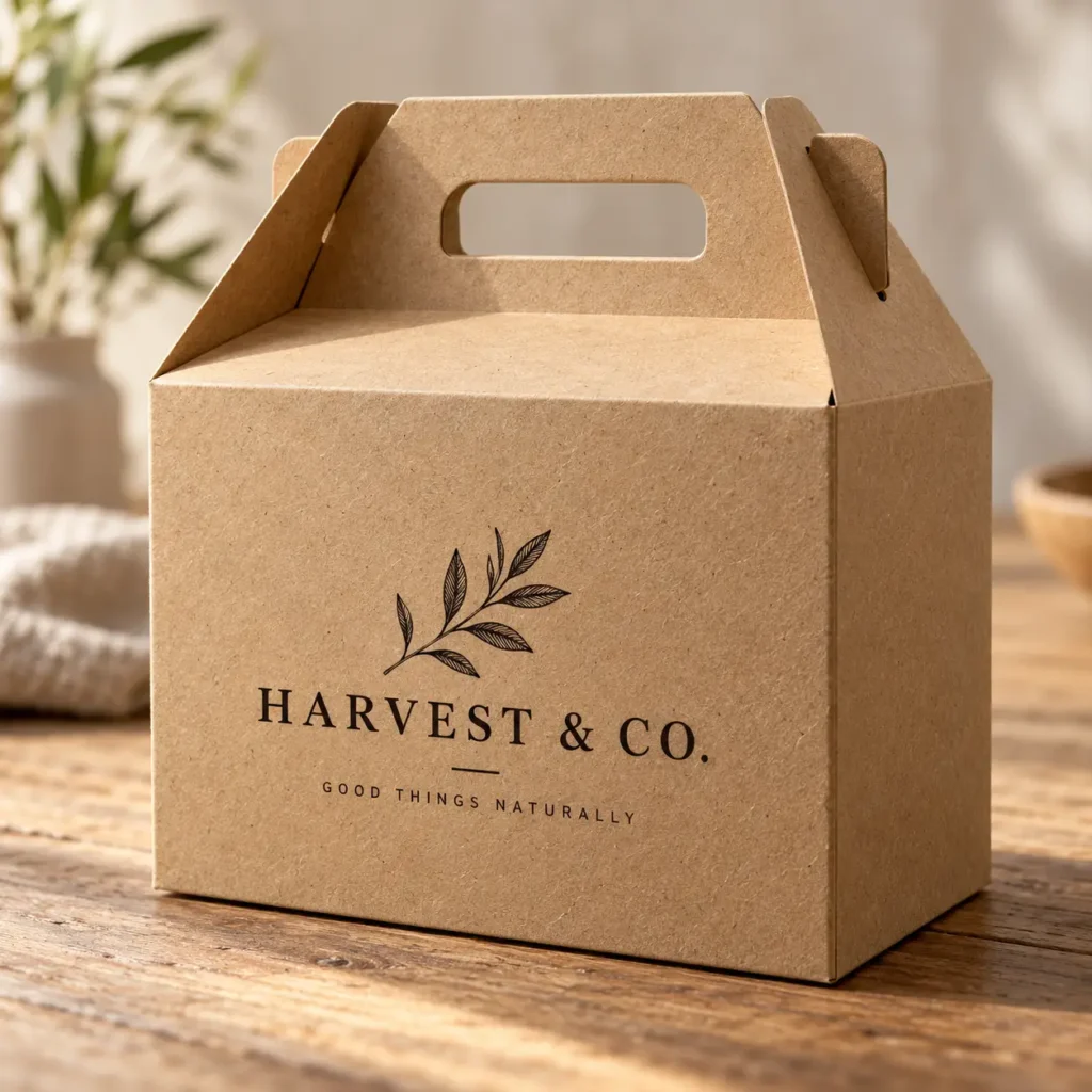 Kraft gable box packaging printed with Harvest & Co. botanical logo on rustic wood, natural eco-friendly custom product box