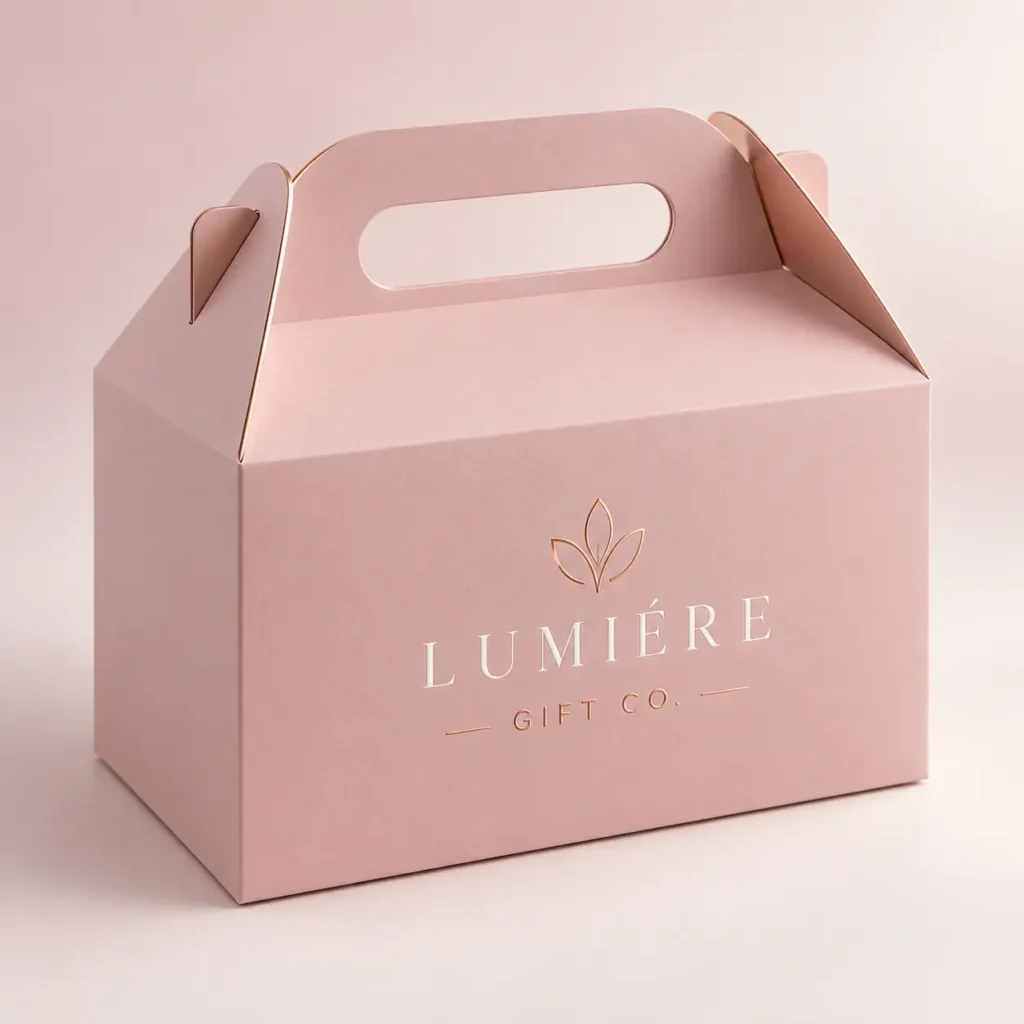 Blush pink gable gift box with rose gold foil Lumière Gift Co. logo, elegant custom packaging with carry handle