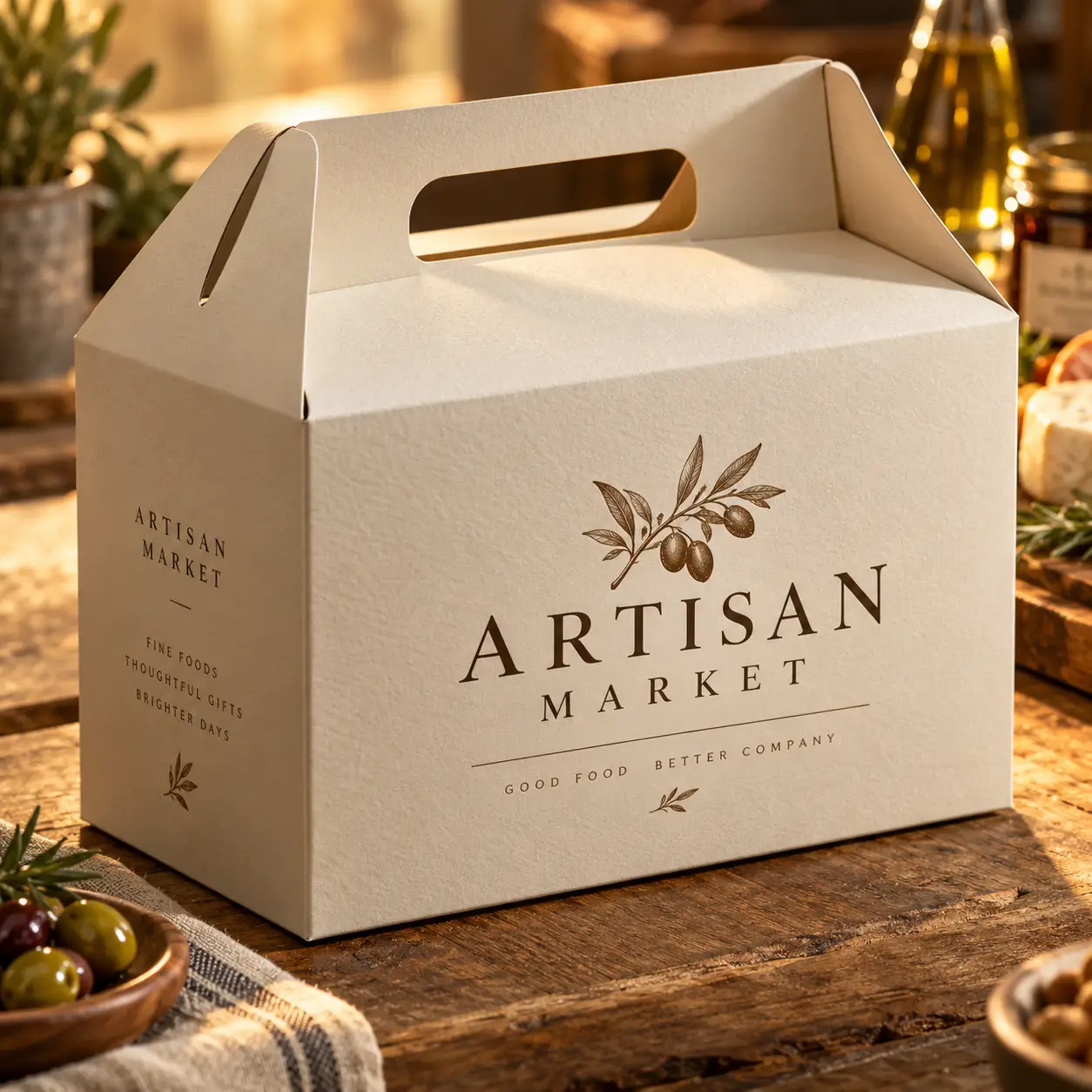 Cream gable gift box with brown Artisan Market logo and olive branch print on rustic wood, surrounded by olives and cheese
