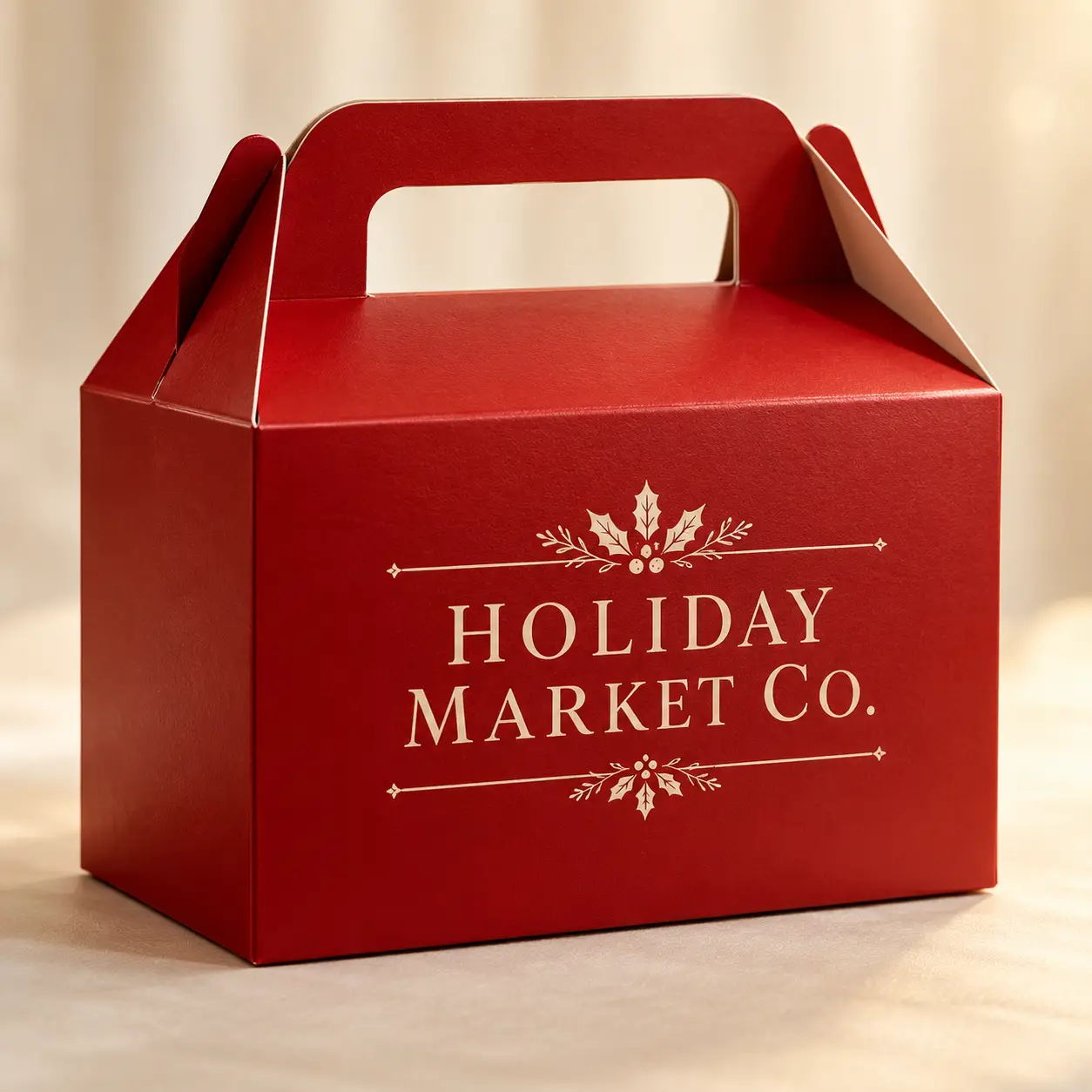 Red holiday gift box with handle printed with Holiday Market Co. logo and holly design, festive Christmas packaging by The Packaging Masters