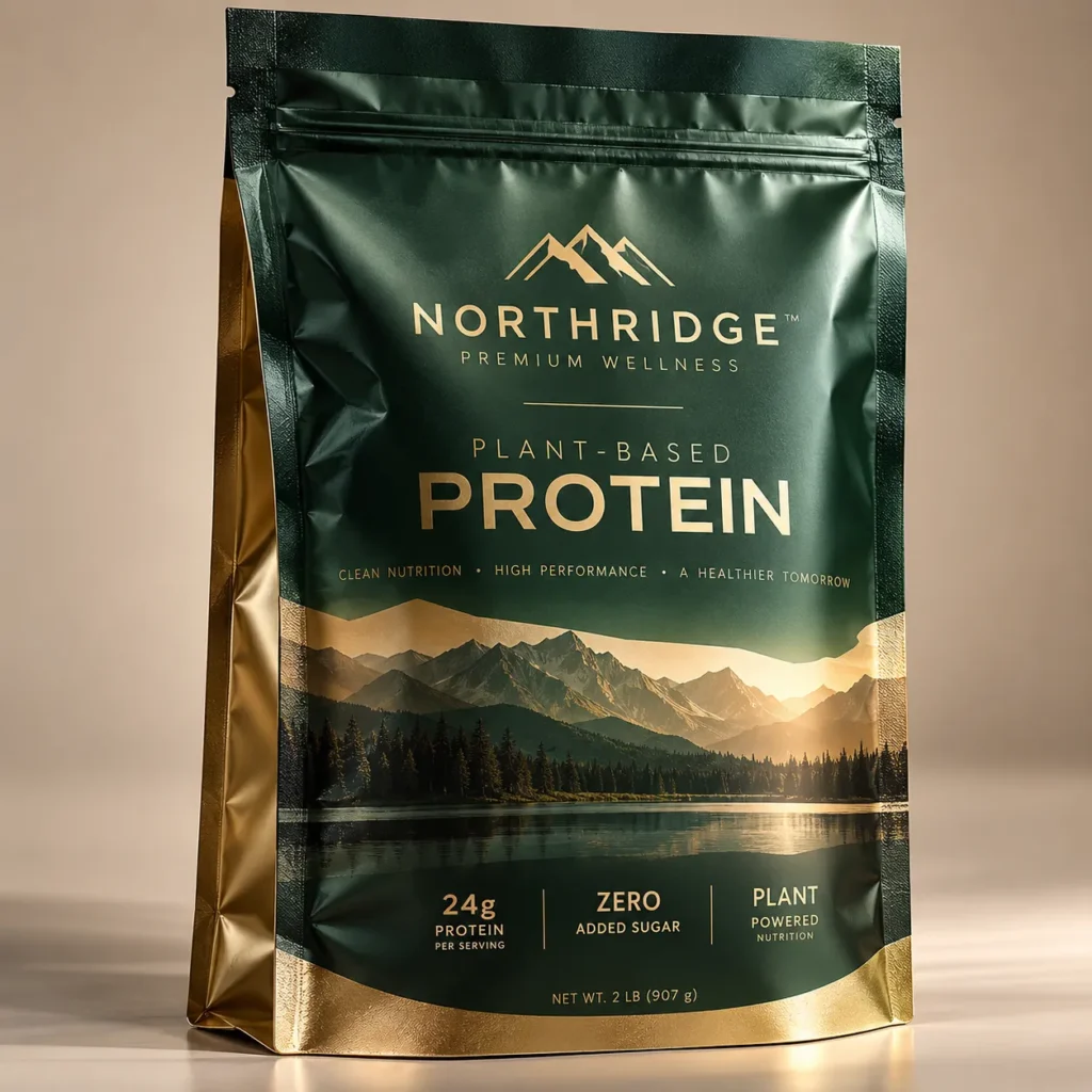Dark green and gold plant-based protein powder bag by Northridge Premium Wellness, 2lb pouch with mountain lake design, 24g protein