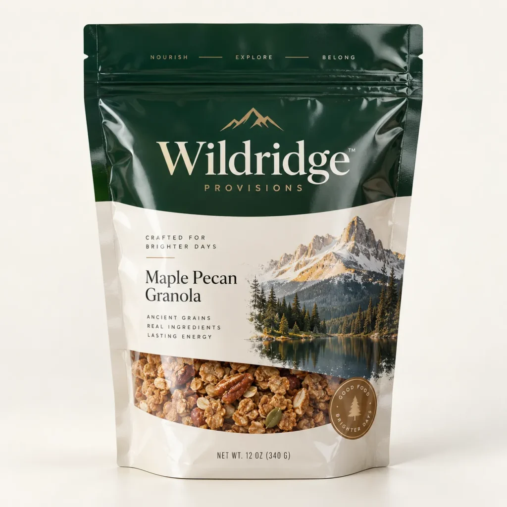Wildridge Provisions Maple Pecan Granola 12oz resealable pouch, dark green and cream packaging with mountain lake scene