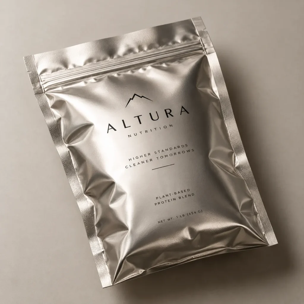 Silver mylar pouch packaging design for Altura Nutrition plant-based protein blend, minimalist mountain logo, matte metallic finish