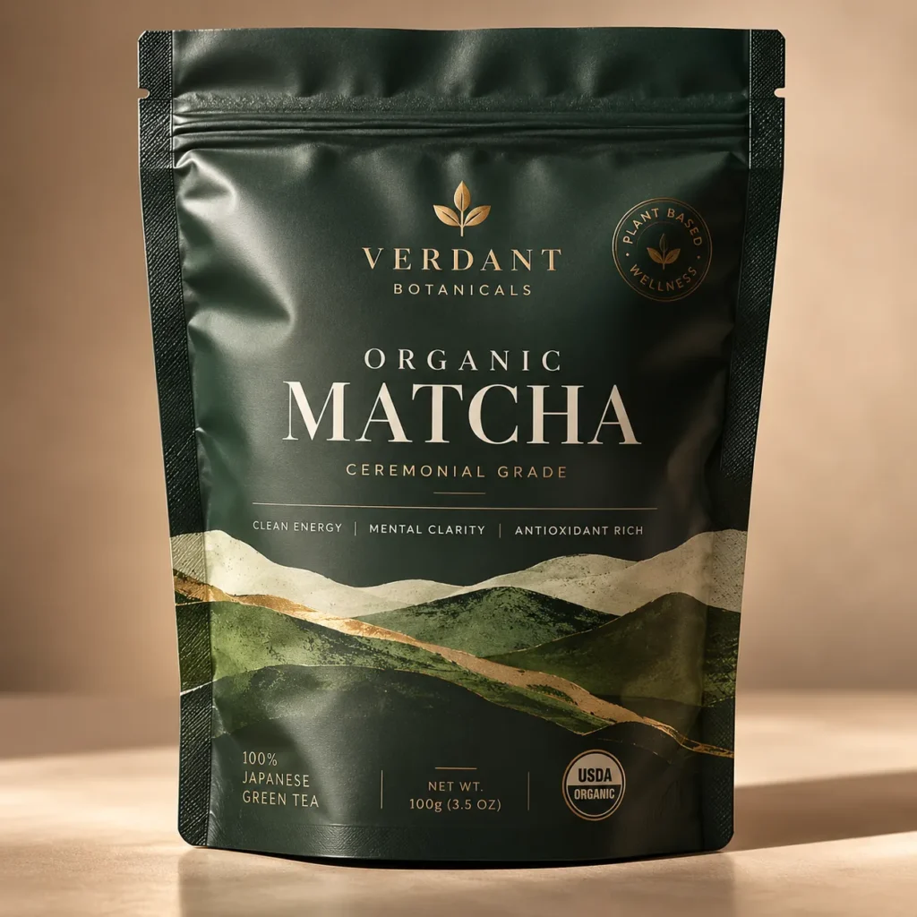 Dark green resealable pouch of Verdant Botanicals Organic Ceremonial Grade Matcha with gold typography and mountain landscape design