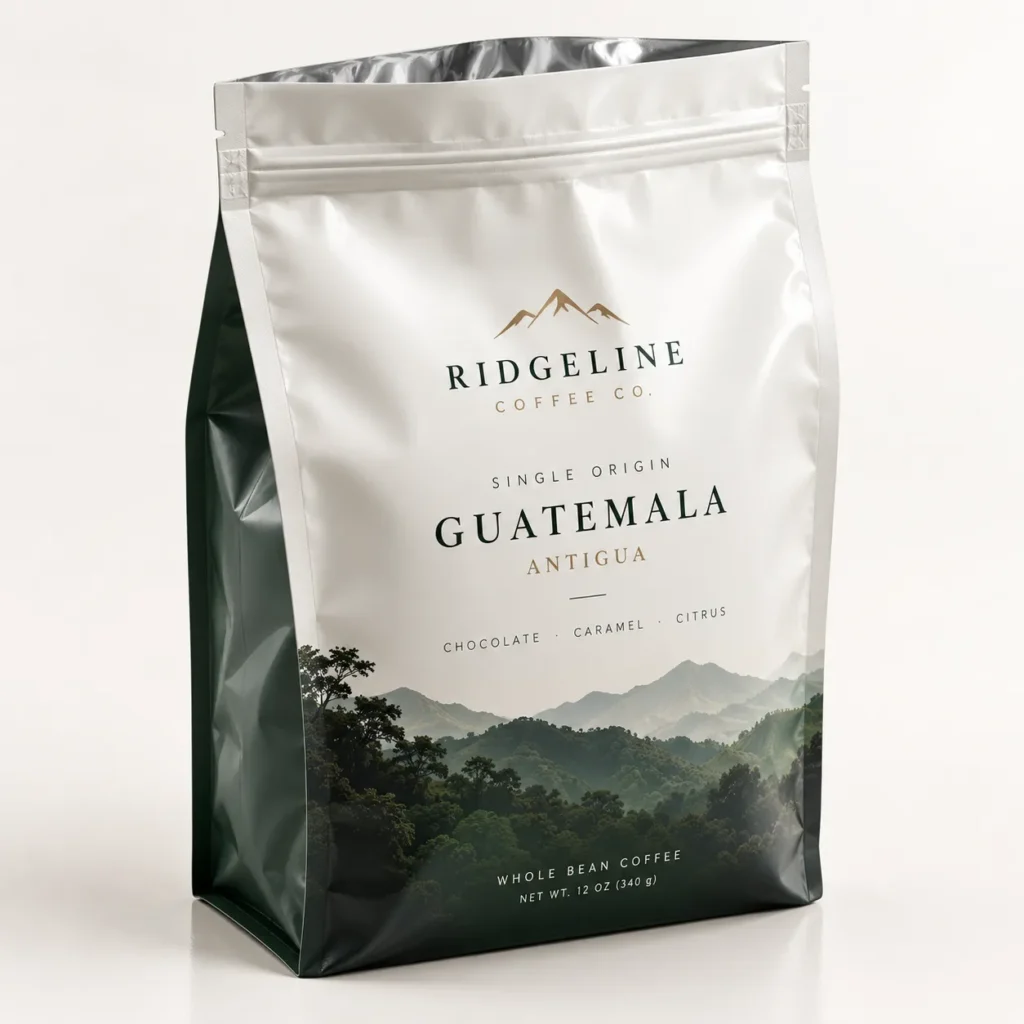 Ridgeline Coffee Co. Guatemala Antigua 12oz whole bean coffee bag with silver metallic finish and mountain forest landscape design