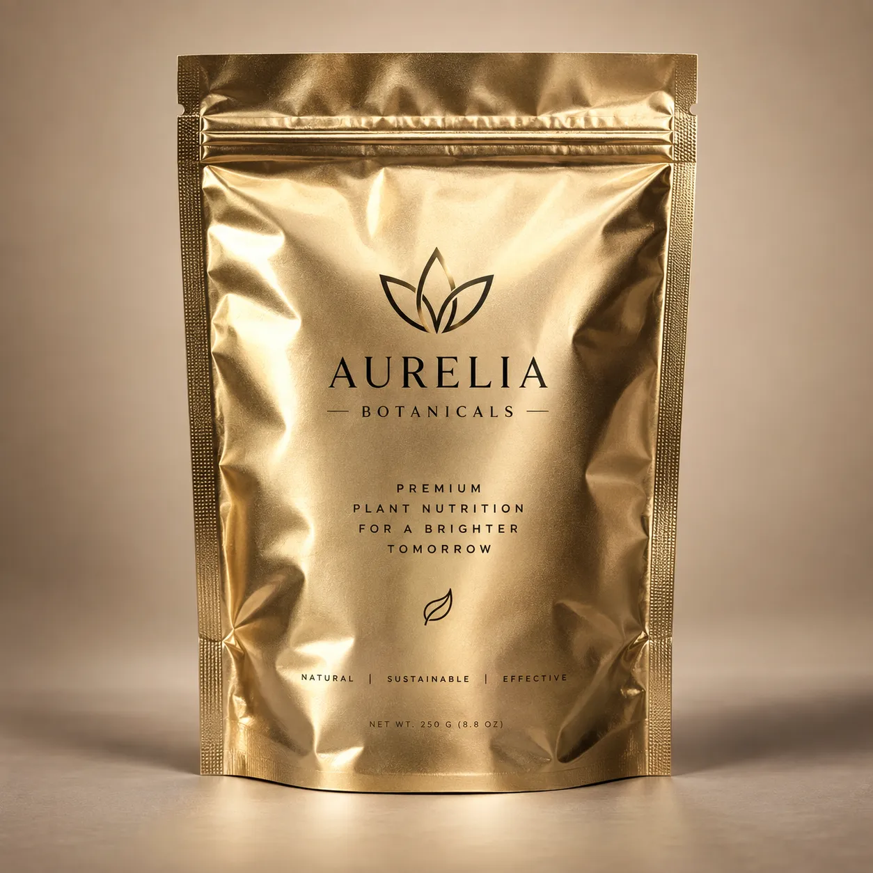 Gold foil stand-up pouch packaging for Aurelia Botanicals premium plant nutrition, 250g, luxury product design
