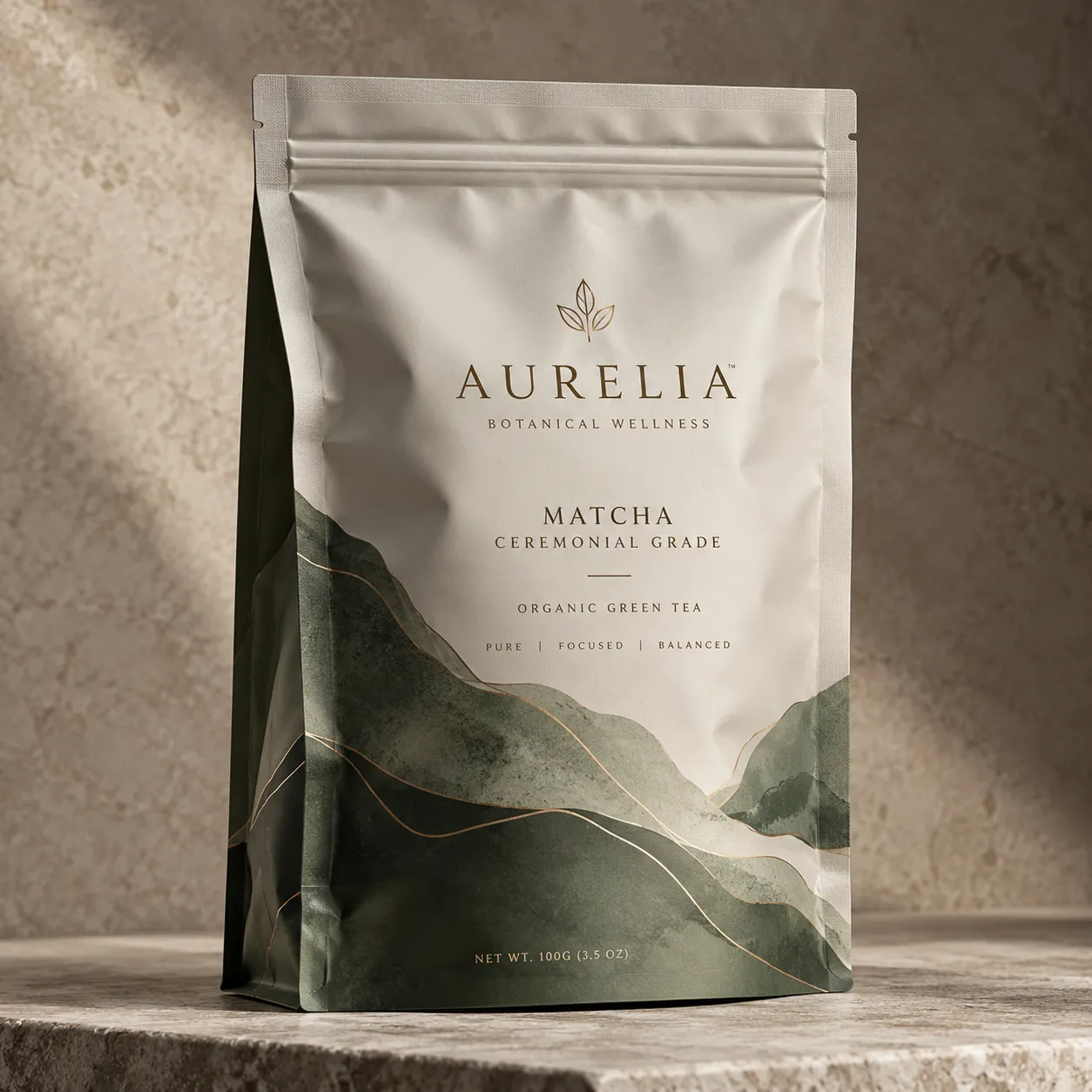 Aurelia Botanical Wellness ceremonial grade matcha packaging, sage green mountain design, gold typography, 100g resealable pouch