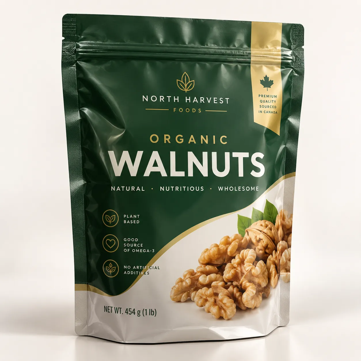 Dark green resealable pouch of North Harvest Foods organic walnuts, 454g, premium Canadian quality, plant-based, omega-3 rich