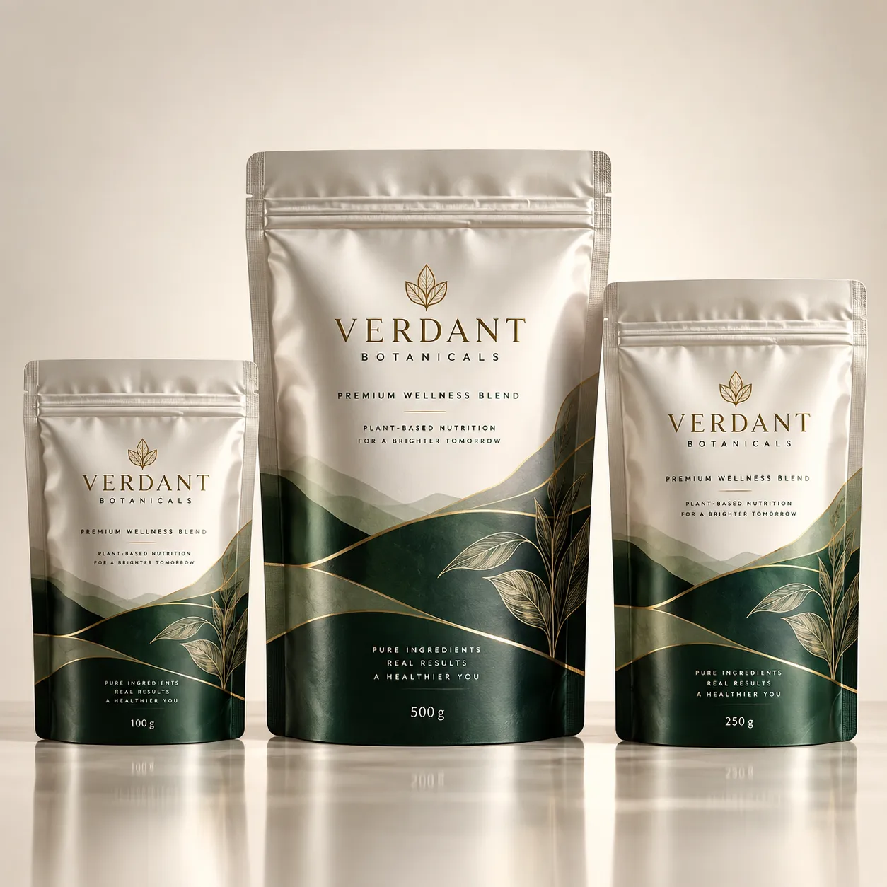 Three Verdant Botanicals premium wellness blend pouches in cream and dark green, 100g, 250g, 500g, elegant botanical packaging design