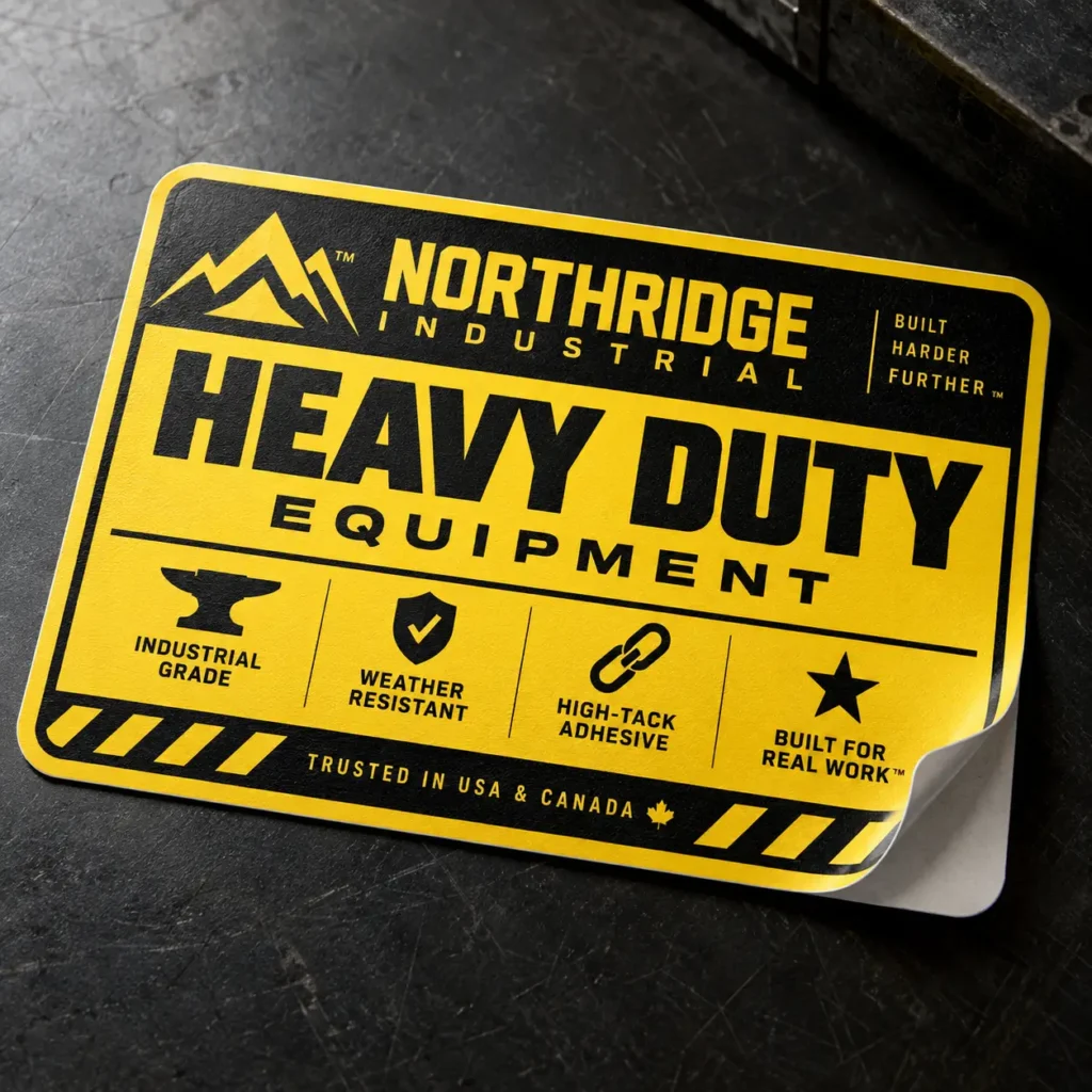 Yellow and black Northridge Industrial heavy duty equipment sticker label with industrial grade weather resistant adhesive branding