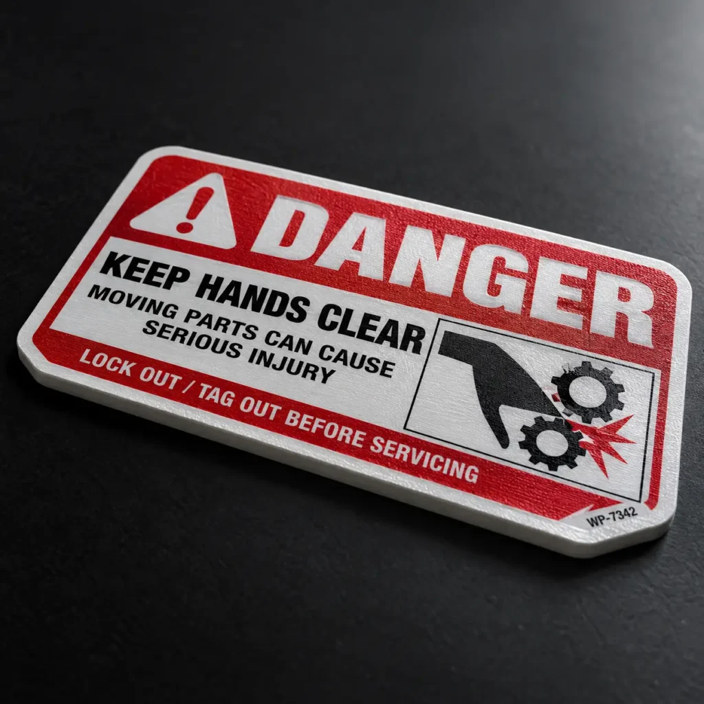 Red and white DANGER safety label warning keep hands clear moving parts lock out tag out before servicing industrial sticker WP-7342