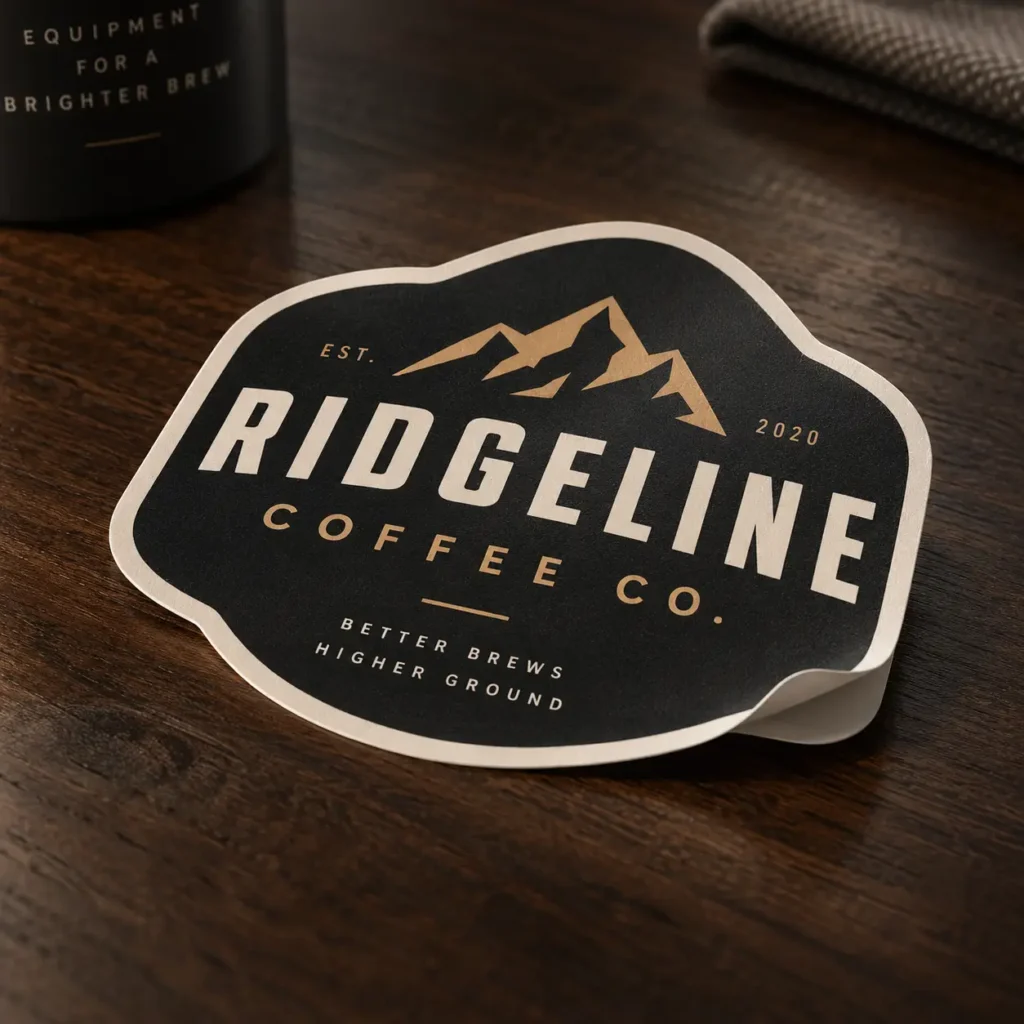 Black die-cut sticker for Ridgeline Coffee Co. EST 2020 with gold mountain logo on dark wood surface